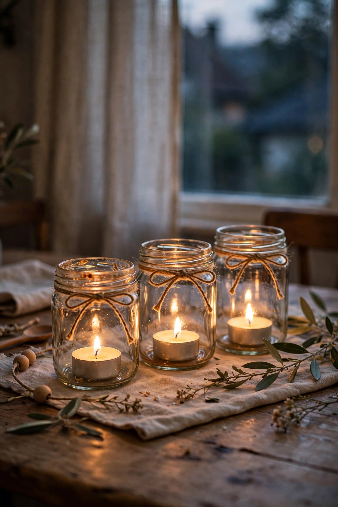 Jam jars with twine as candle holders glowing on a dining table