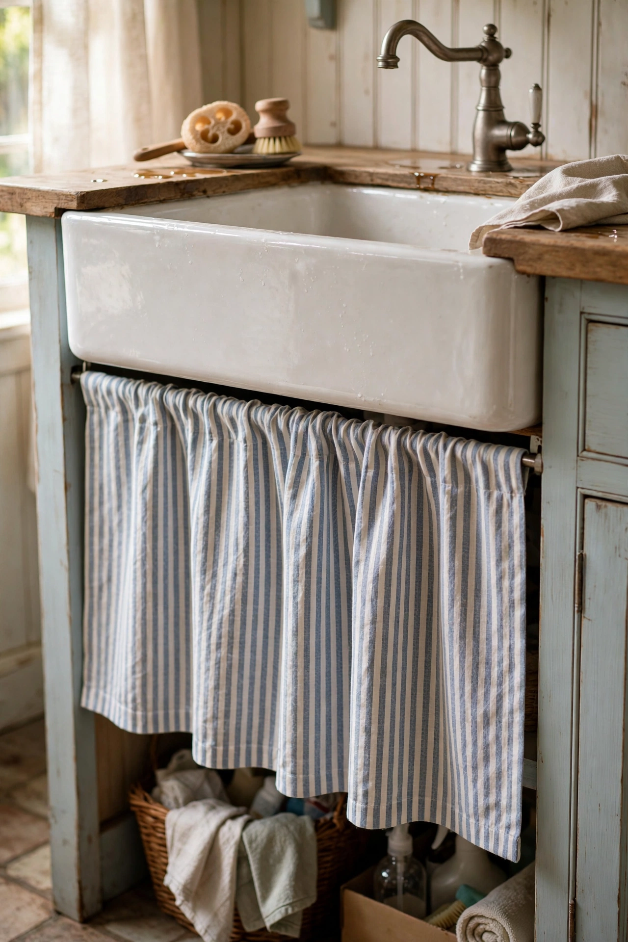 Fabric curtain on a tension rod hiding under sink clutter in a kitchen