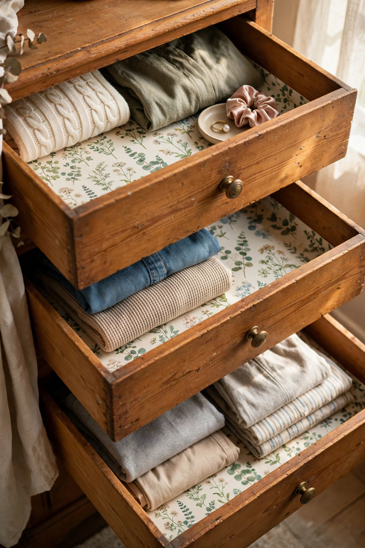 Open bedroom drawers lined with botanical wallpaper offcuts