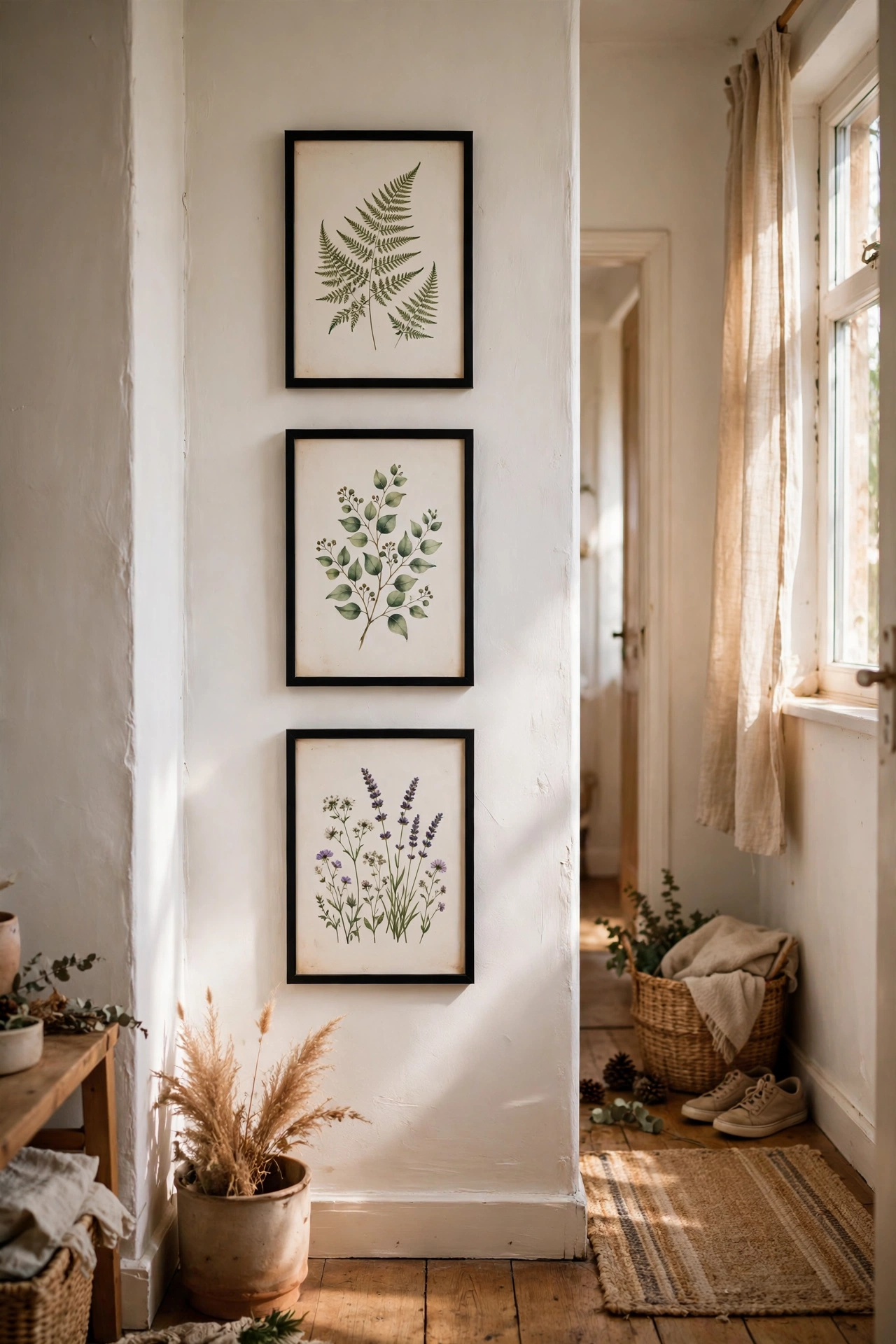 Three black frames with free printable botanical art in a hallway