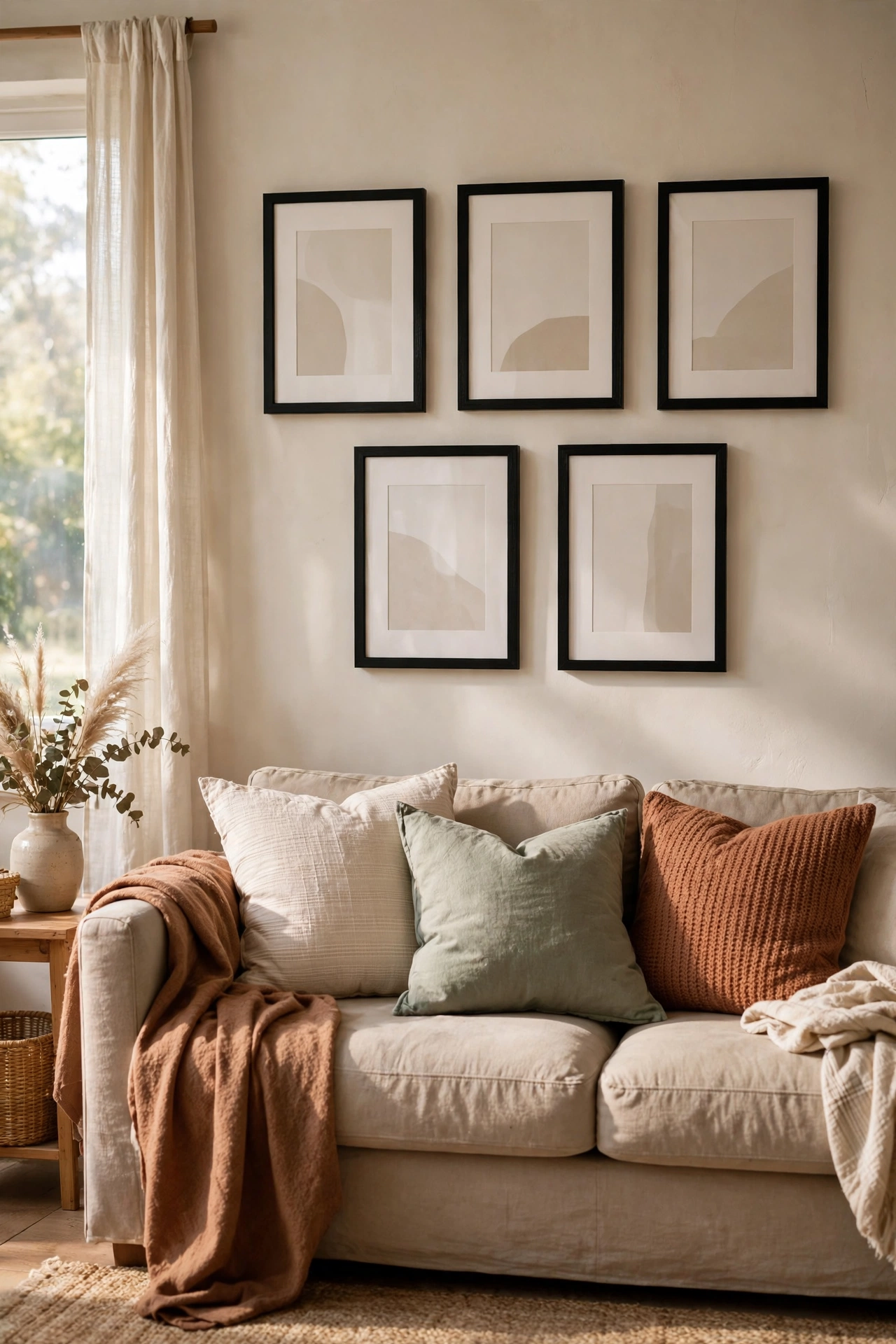 Five matching frames in a loose gallery wall grid over a sofa