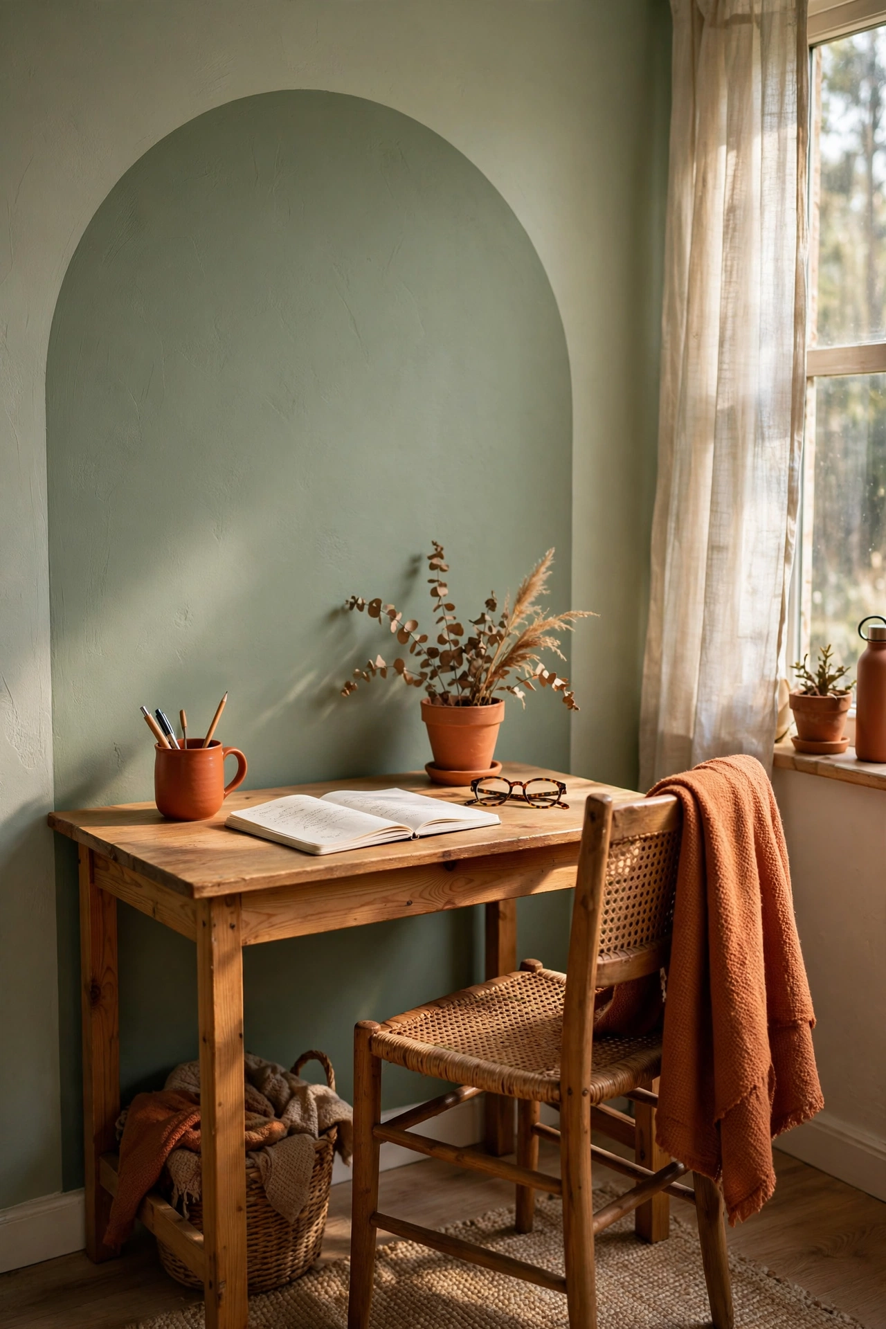 Sage green painted arch accent wall behind a wooden desk