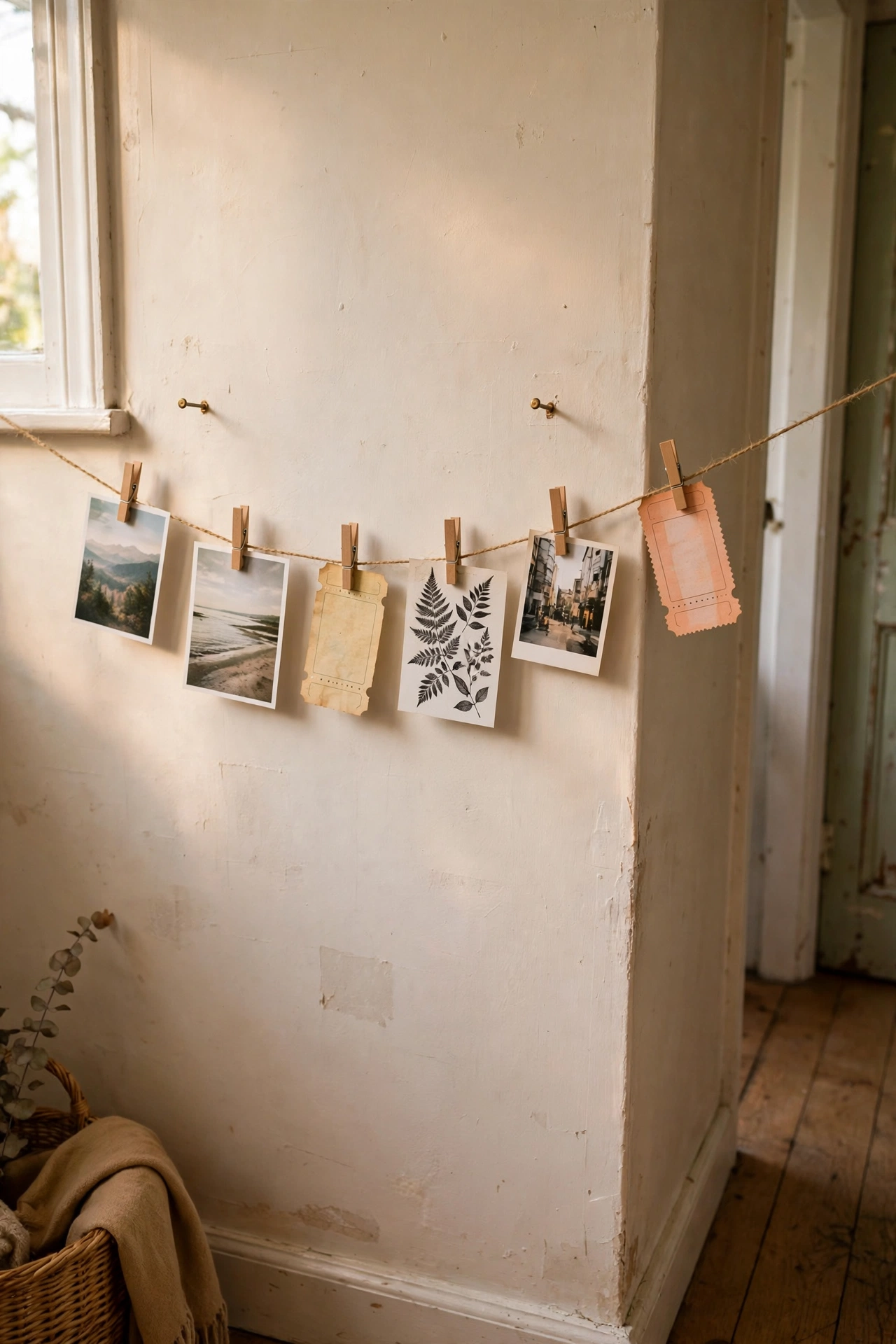 Twine photo display with pegged prints and postcards on a wall