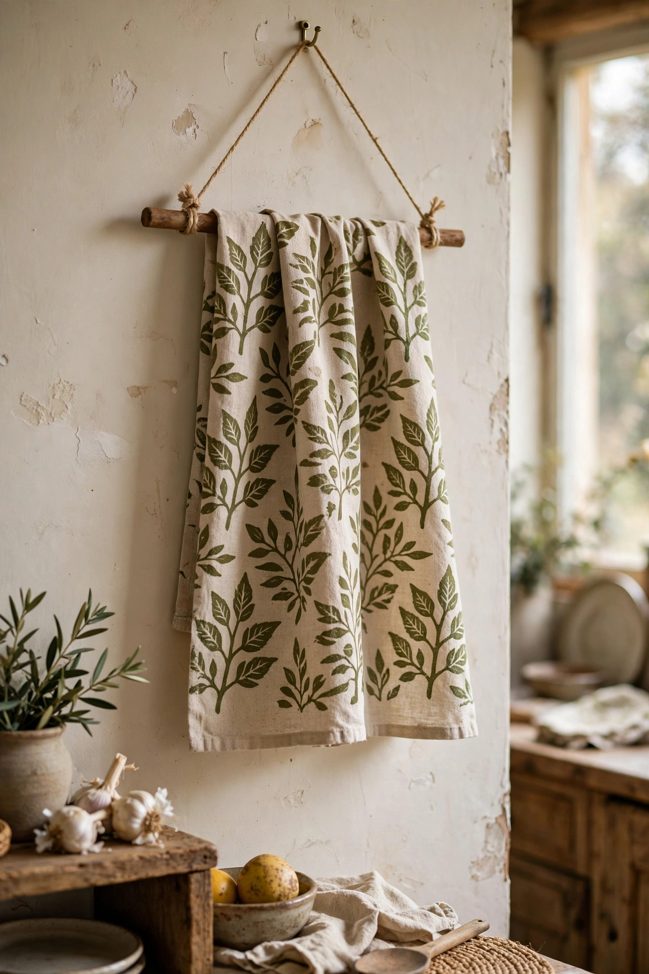 Printed tea towel hanging as wall art from a wooden dowel