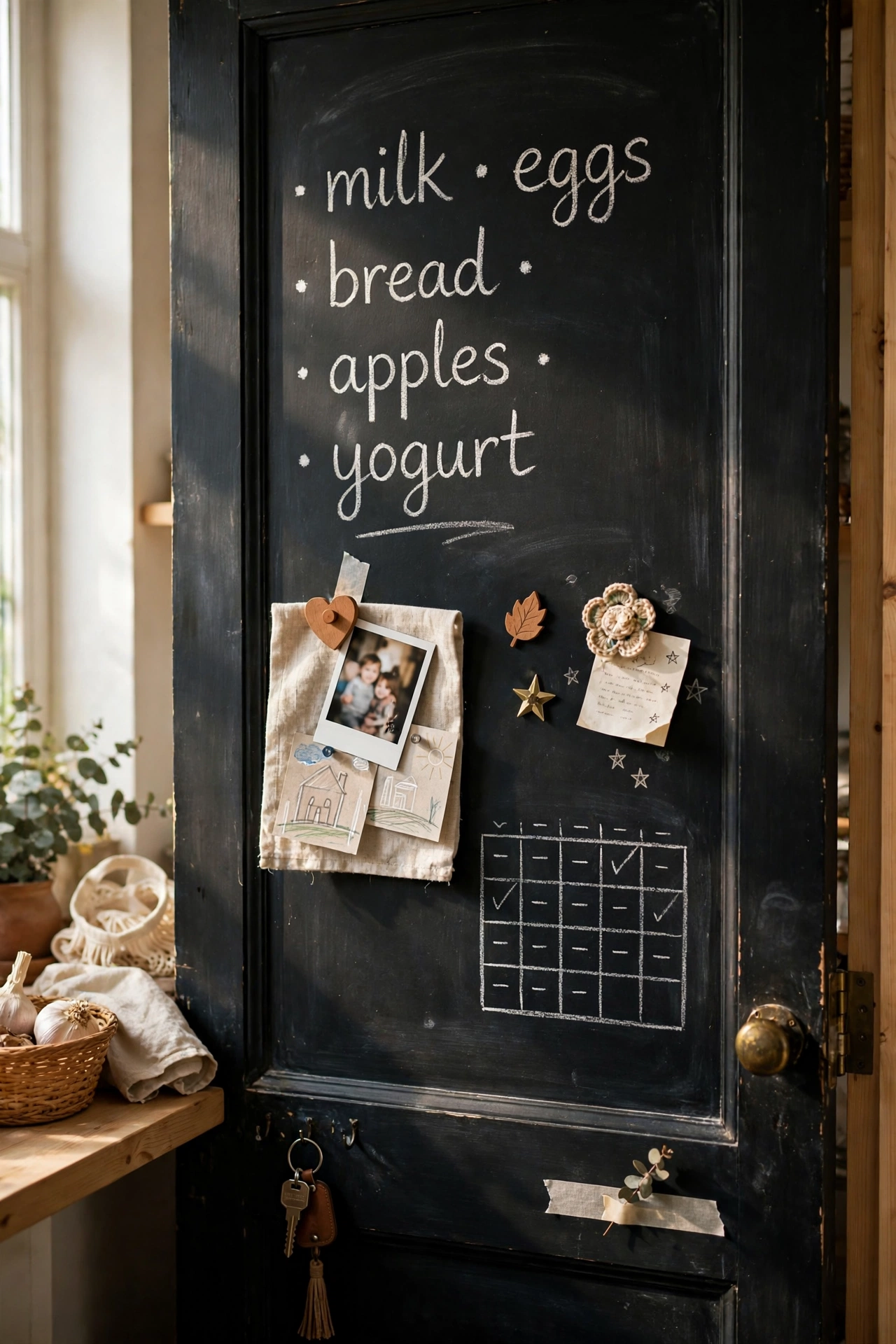 Chalkboard painted pantry door with a handwritten shopping list