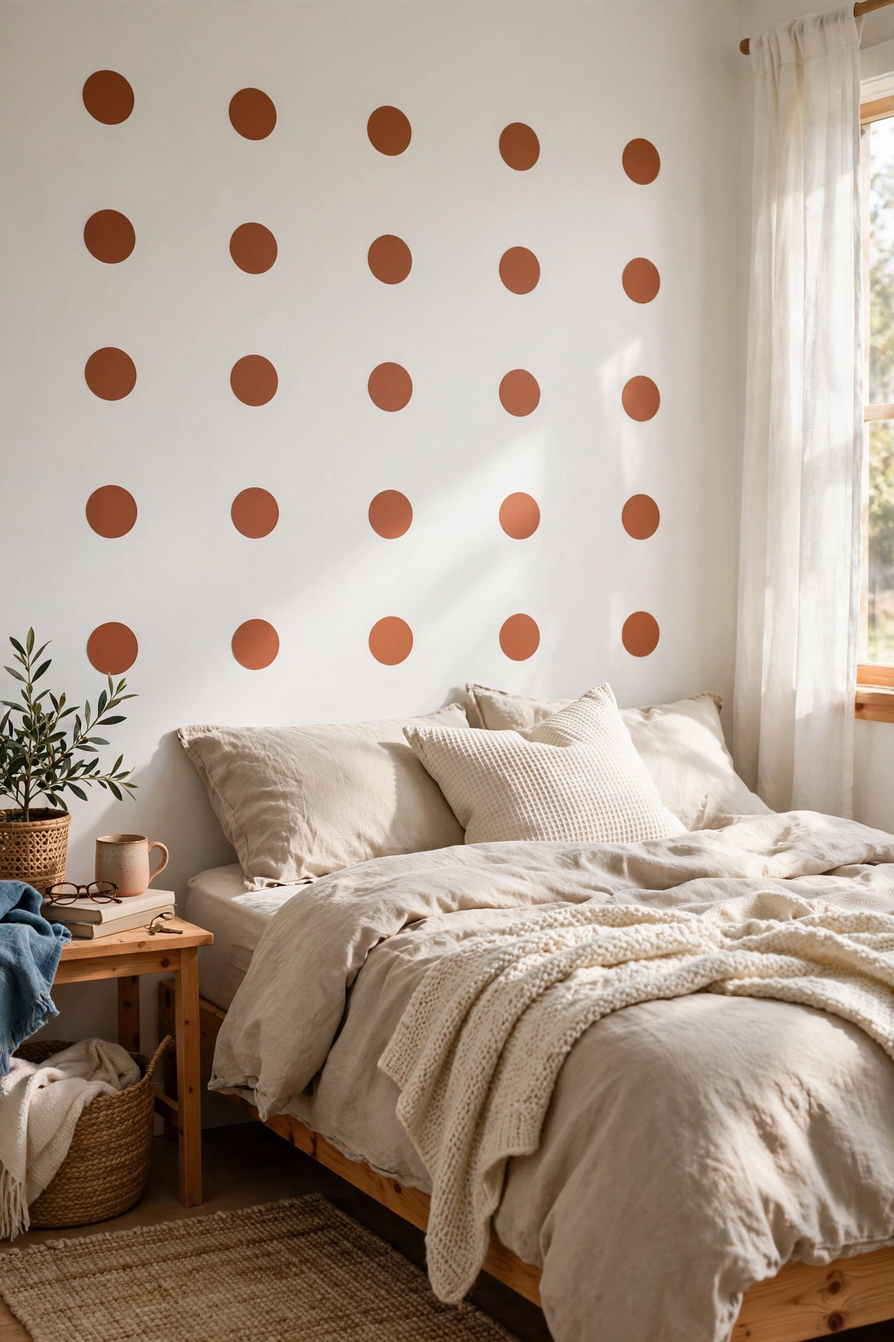 Terracotta dot wall decals in a loose grid behind a bed