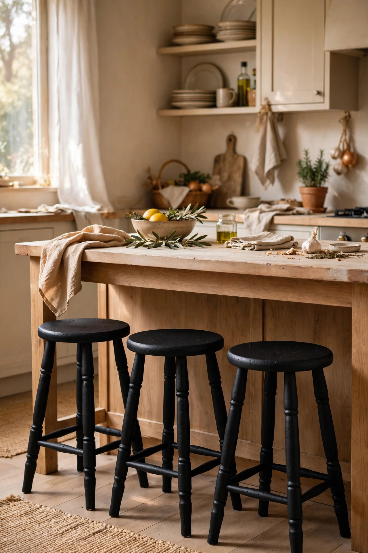 Three mismatched stools spray painted matte black in a kitchen