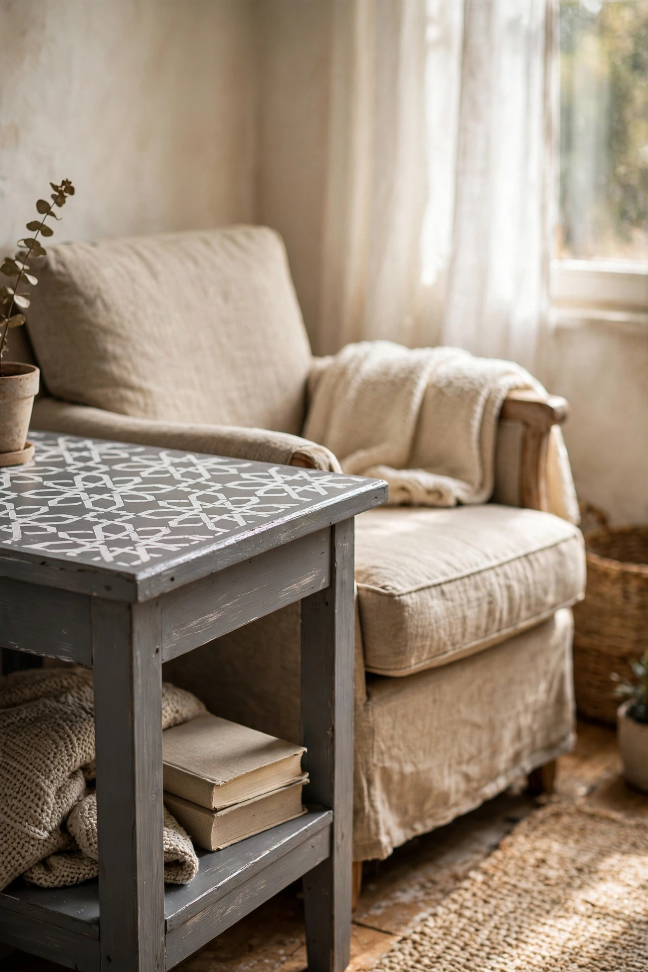 Grey side table with white stencilled tile pattern top