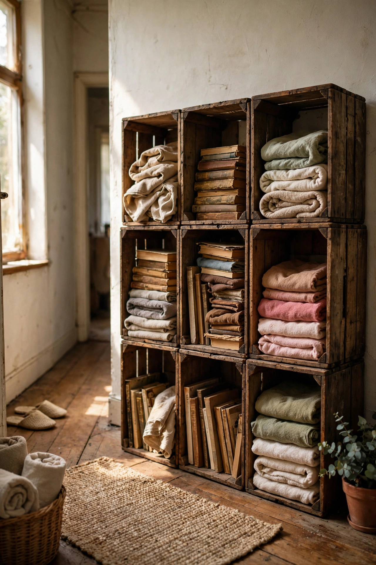 Stacked wooden crates as open storage in a hallway