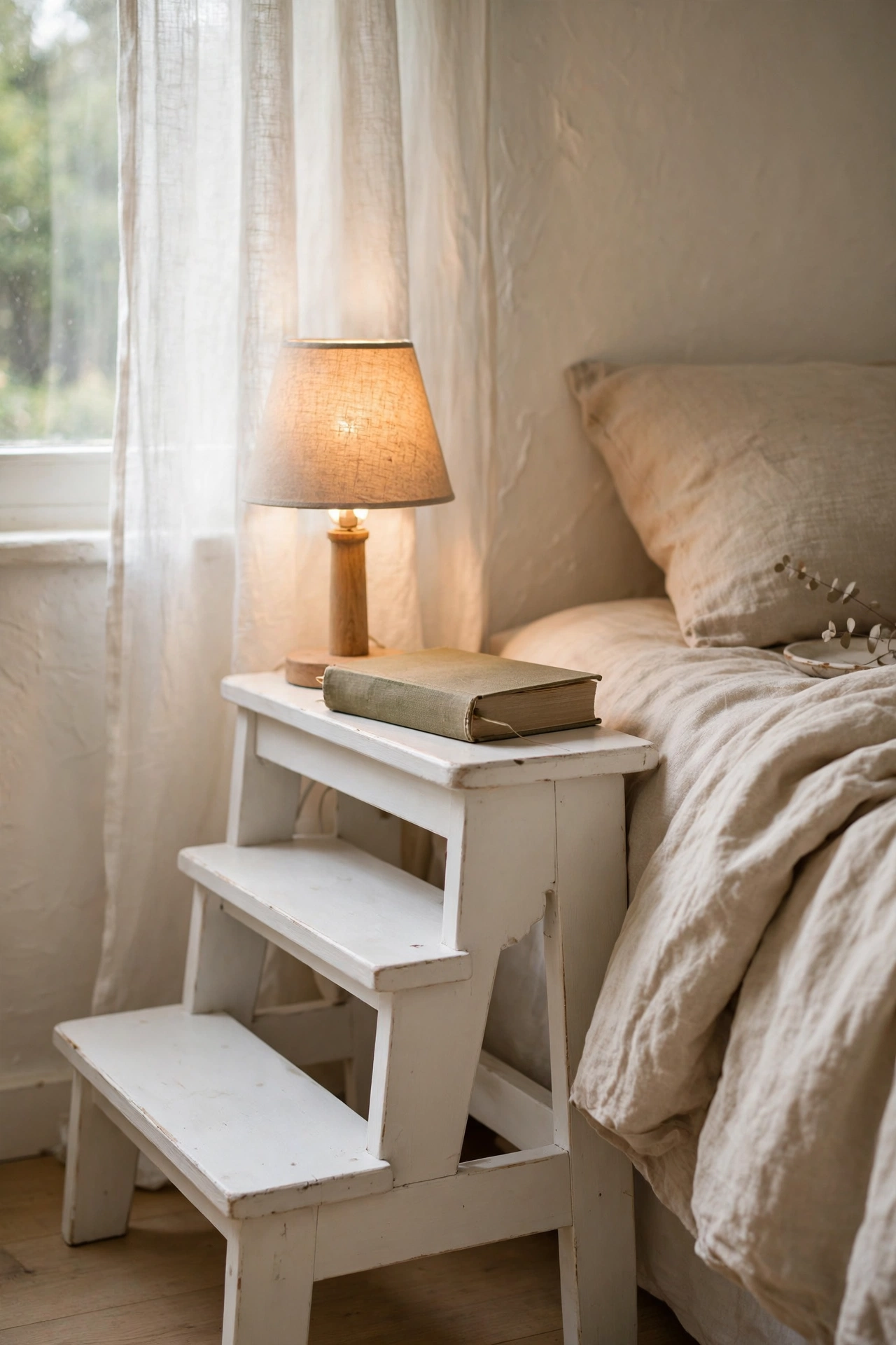White painted wooden step stool used as a bedside table