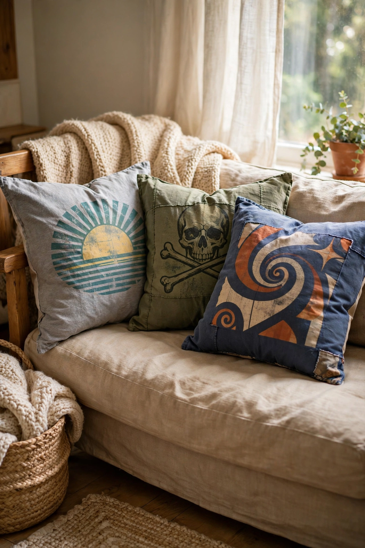 Cushion covers made from old graphic t-shirts on a sofa