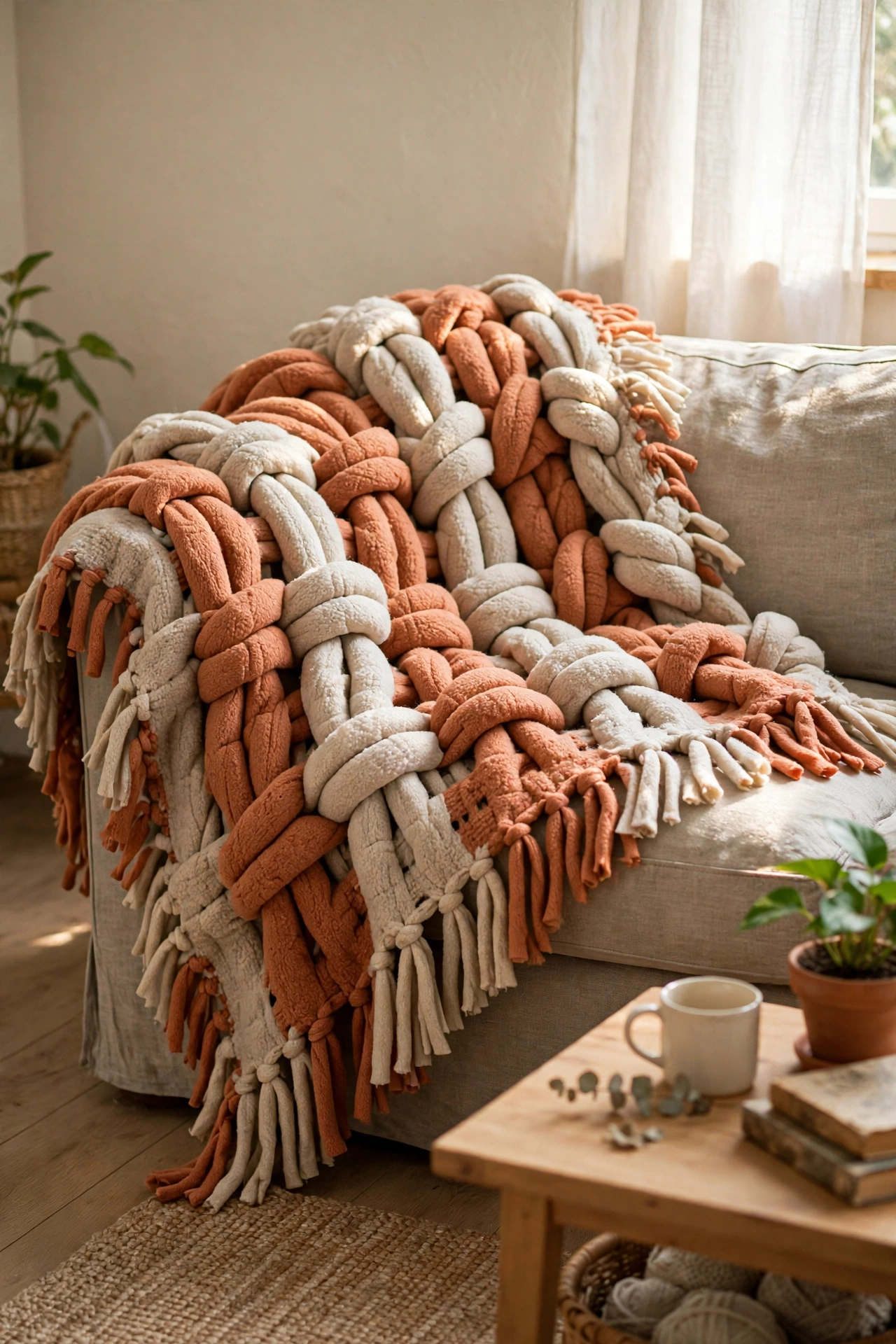 Knotted fleece throw blanket in two colours on a sofa