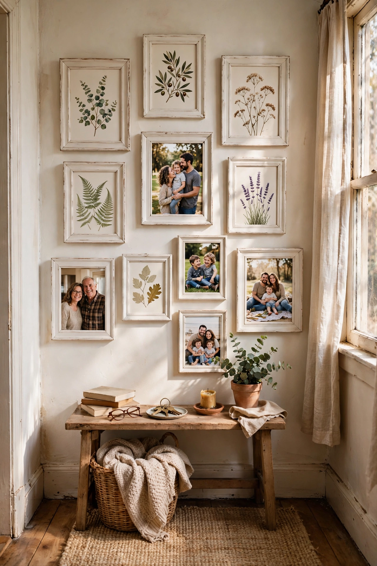 Gallery wall of mismatched thrifted frames painted white with family photos