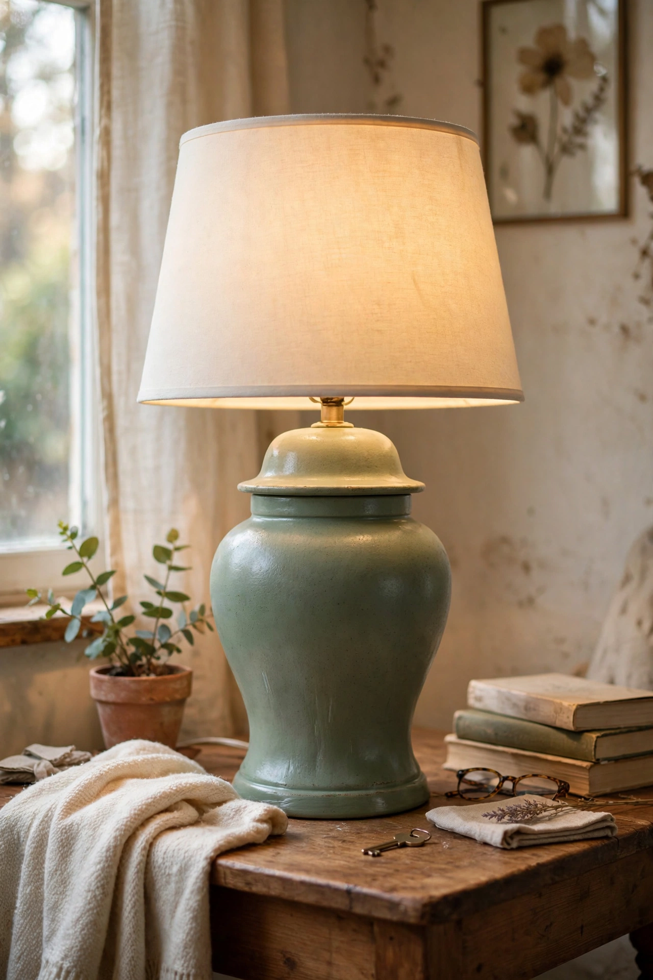 Thrifted ceramic lamp base spray painted sage green with drum shade