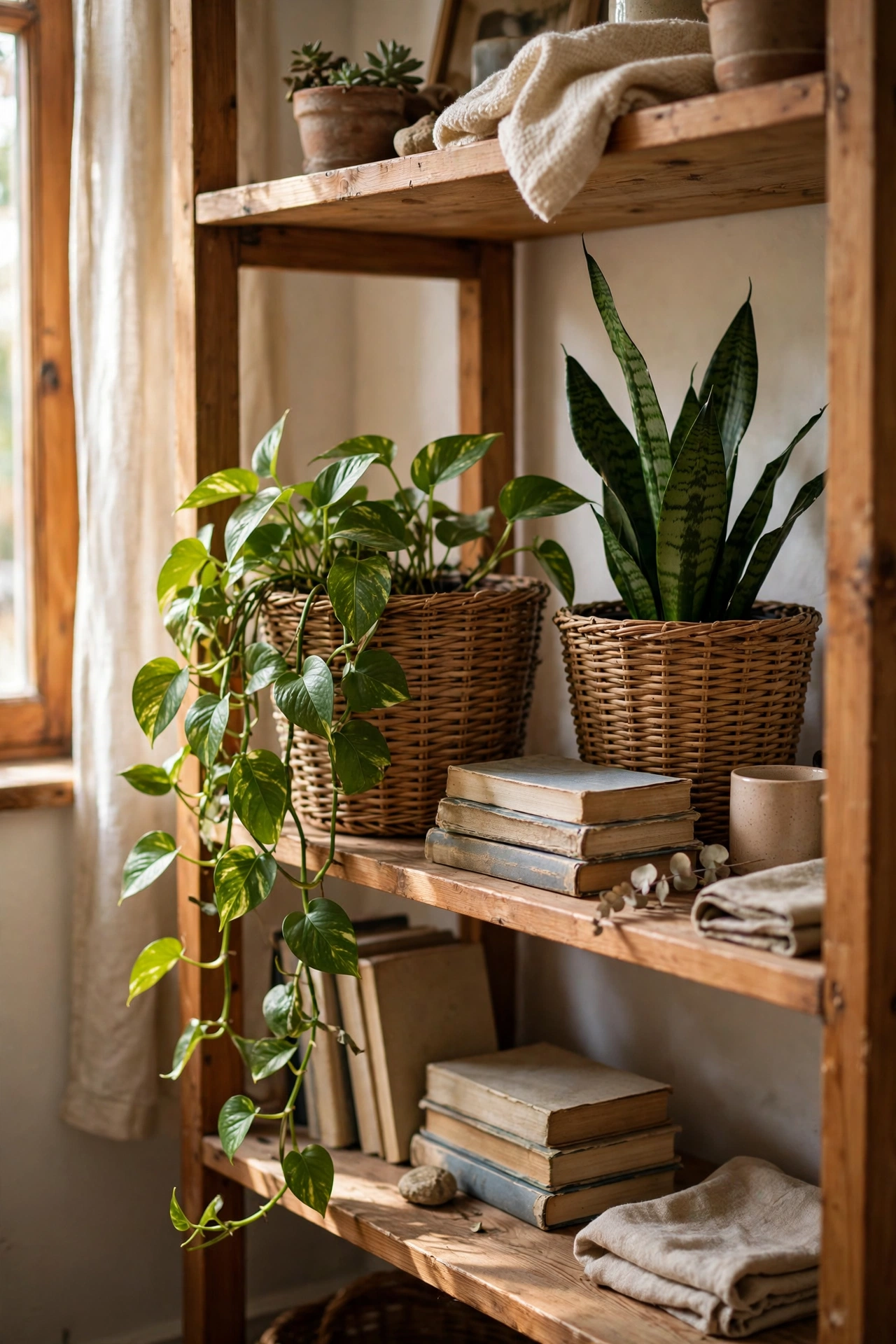 Wicker baskets used as planters for pothos and snake plant