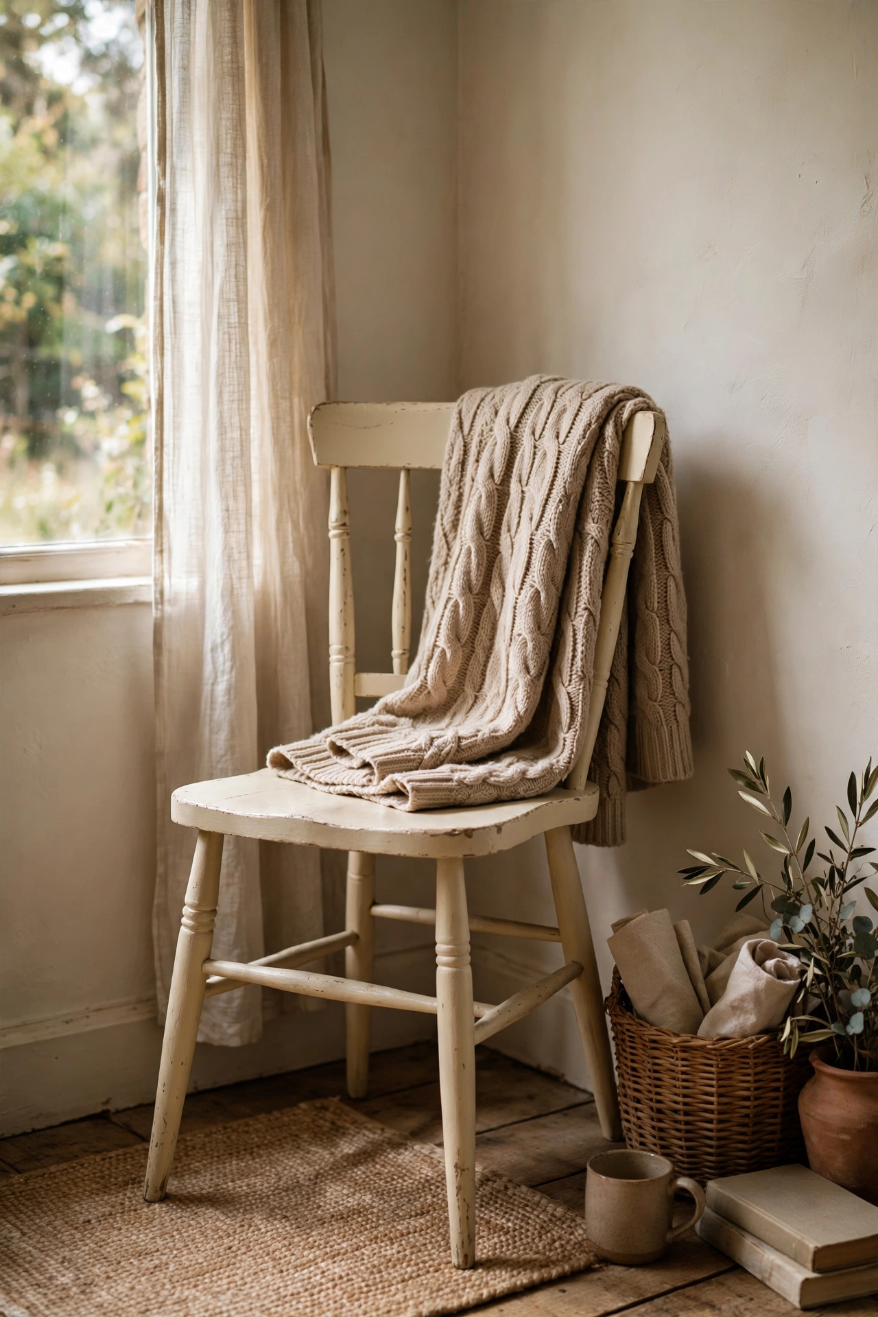 Wooden dining chair painted with cream chalk paint