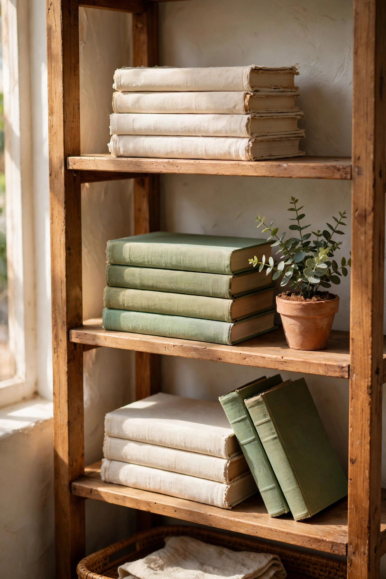 Styled bookshelf with stacked thrifted cloth-bound books