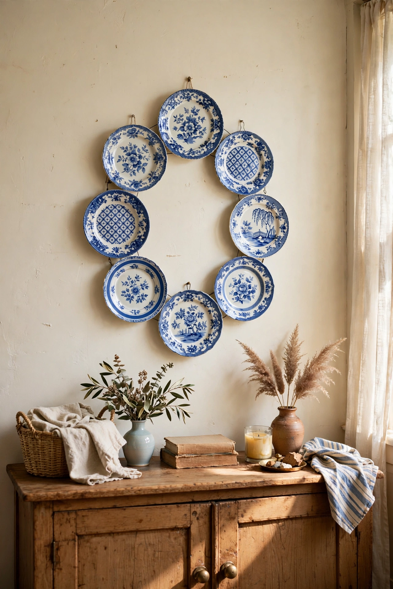 Wall display of thrifted blue and white decorative plates