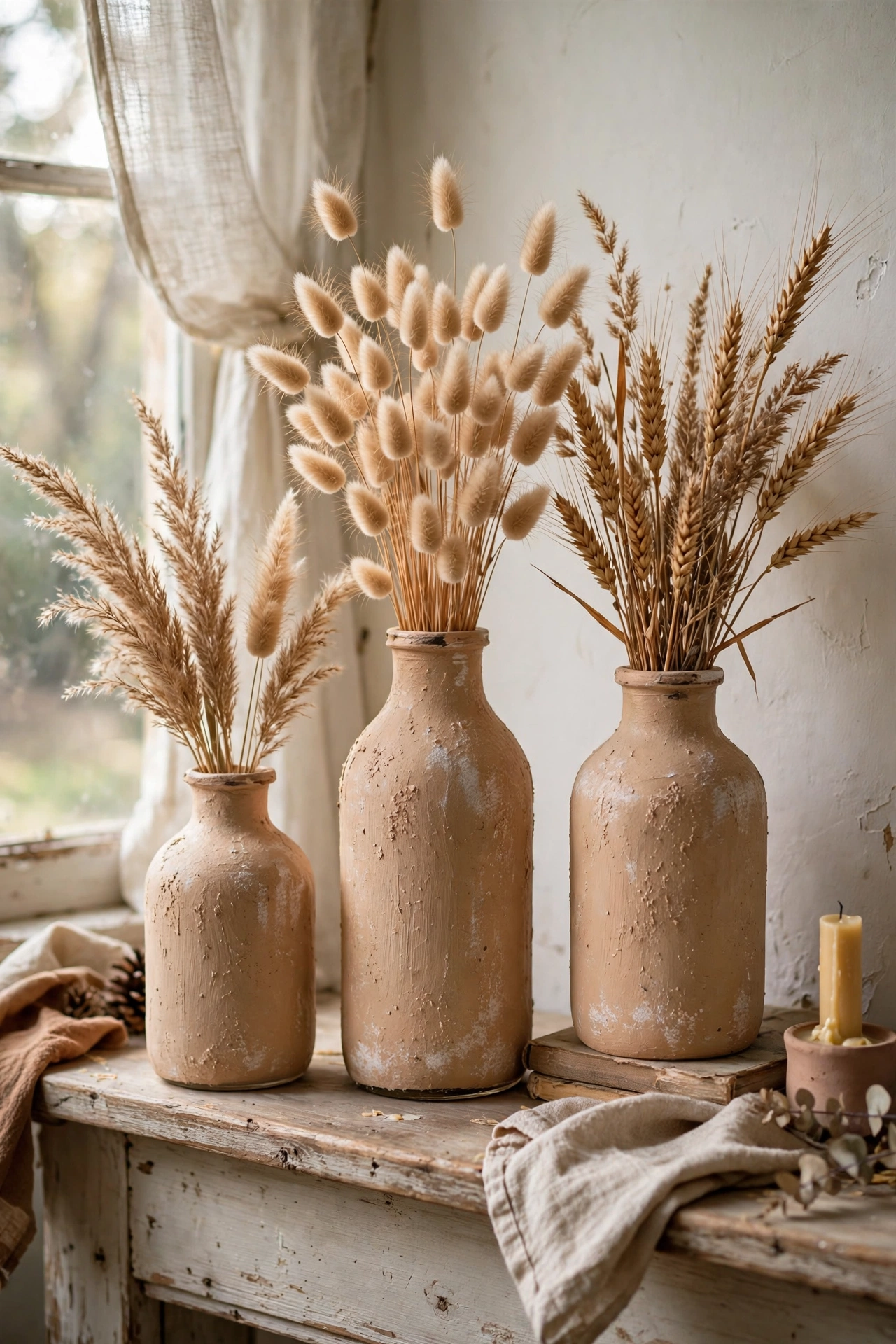 Glass vases with chalky textured stoneware-look paint finish