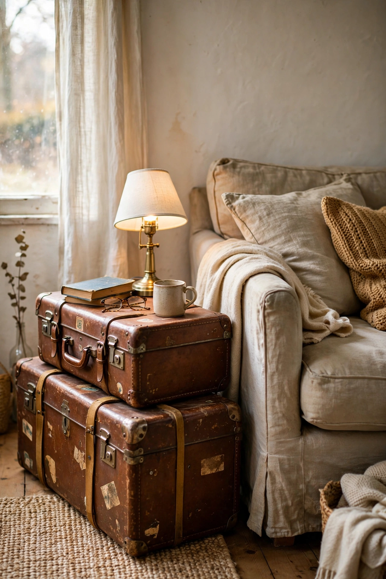 Two stacked vintage suitcases used as a side table with lamp