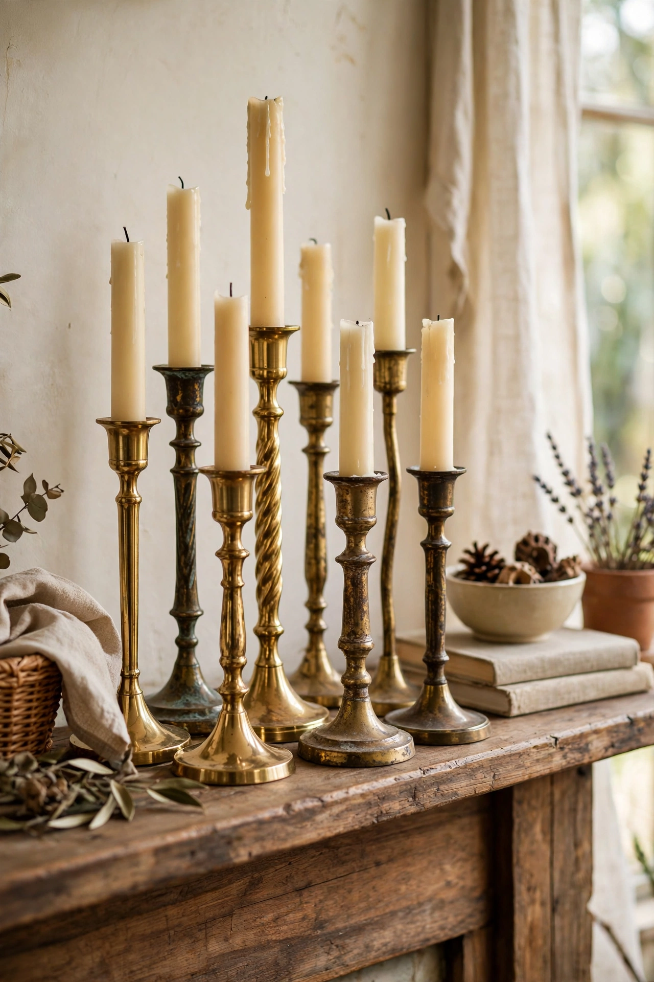 Cluster of brass candlesticks in mixed finishes on a mantel