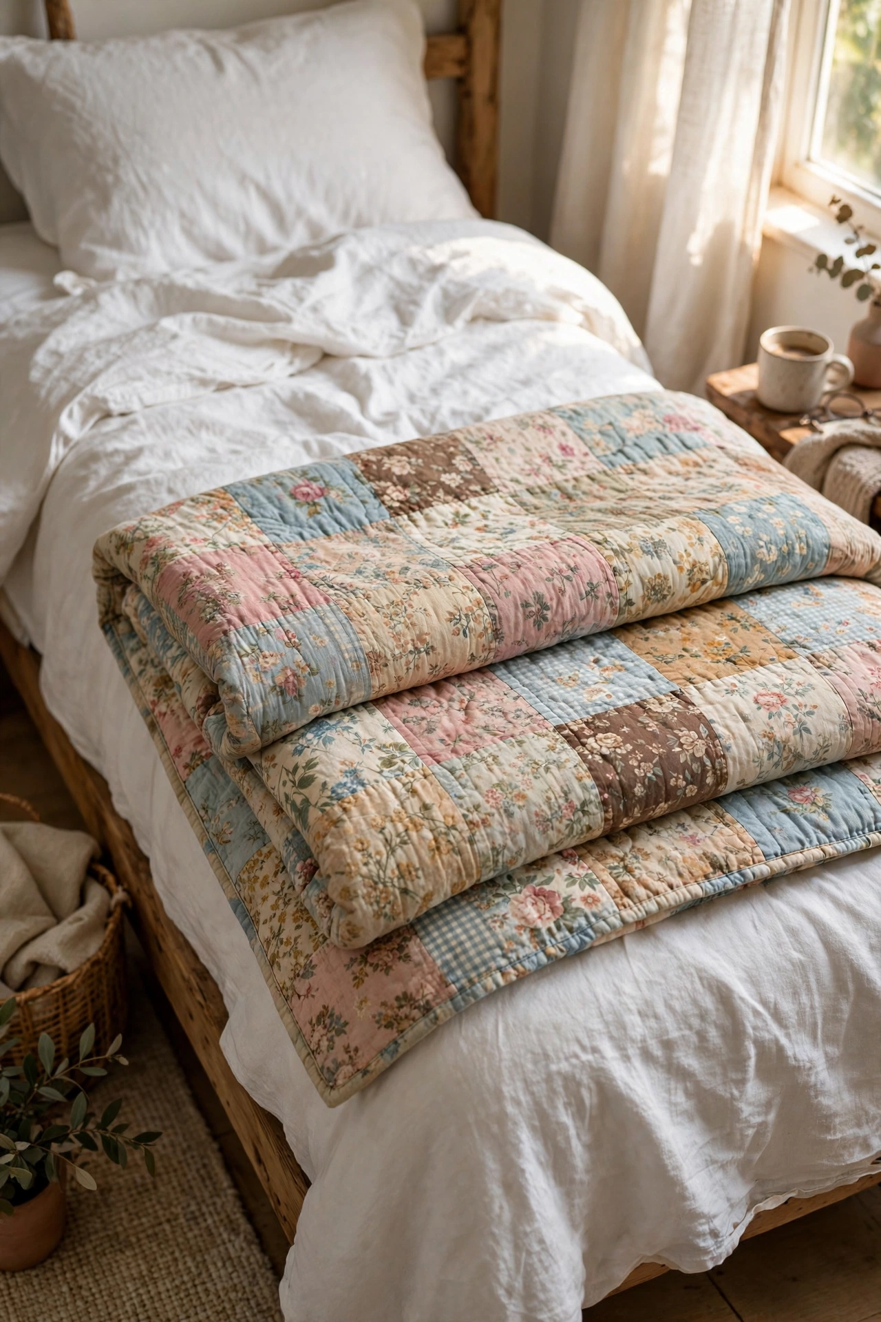 Patchwork quilt folded as a throw across the foot of a bed