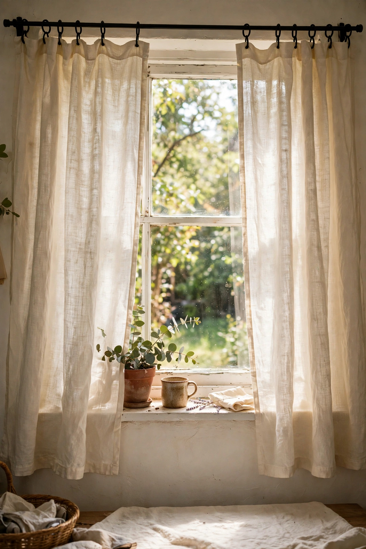 Cream linen tablecloths hung as curtains on clip rings
