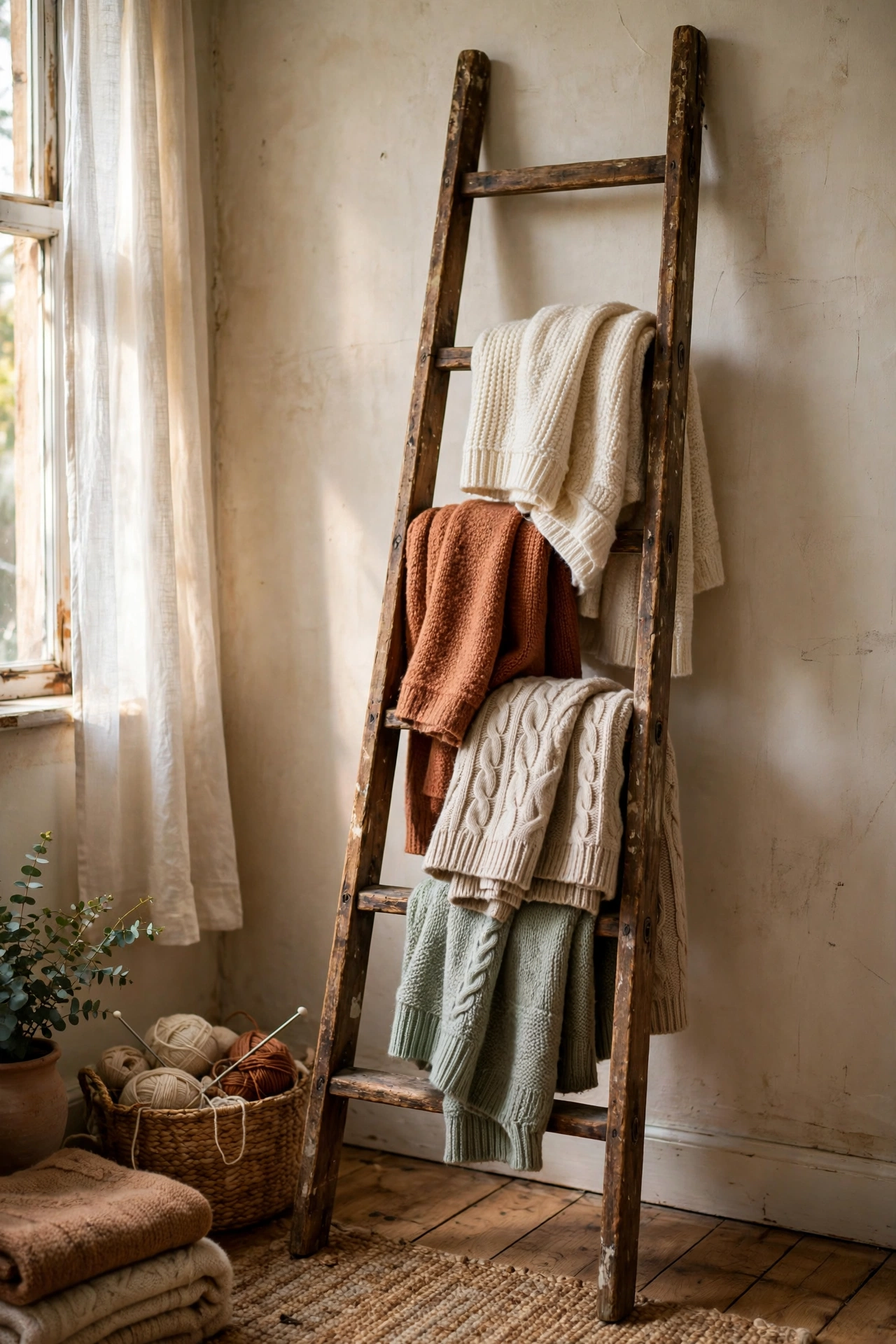 Old wooden ladder leaning against wall holding folded throws