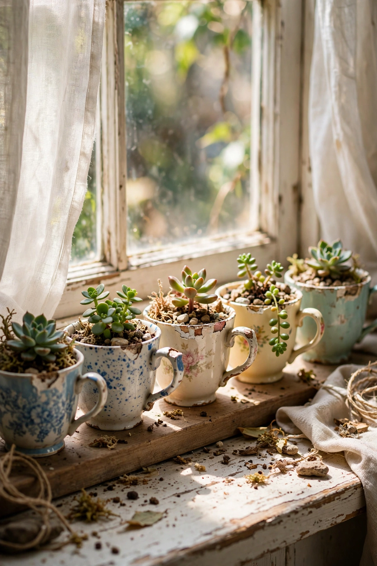 Chipped teacups planted with small succulents on a windowsill