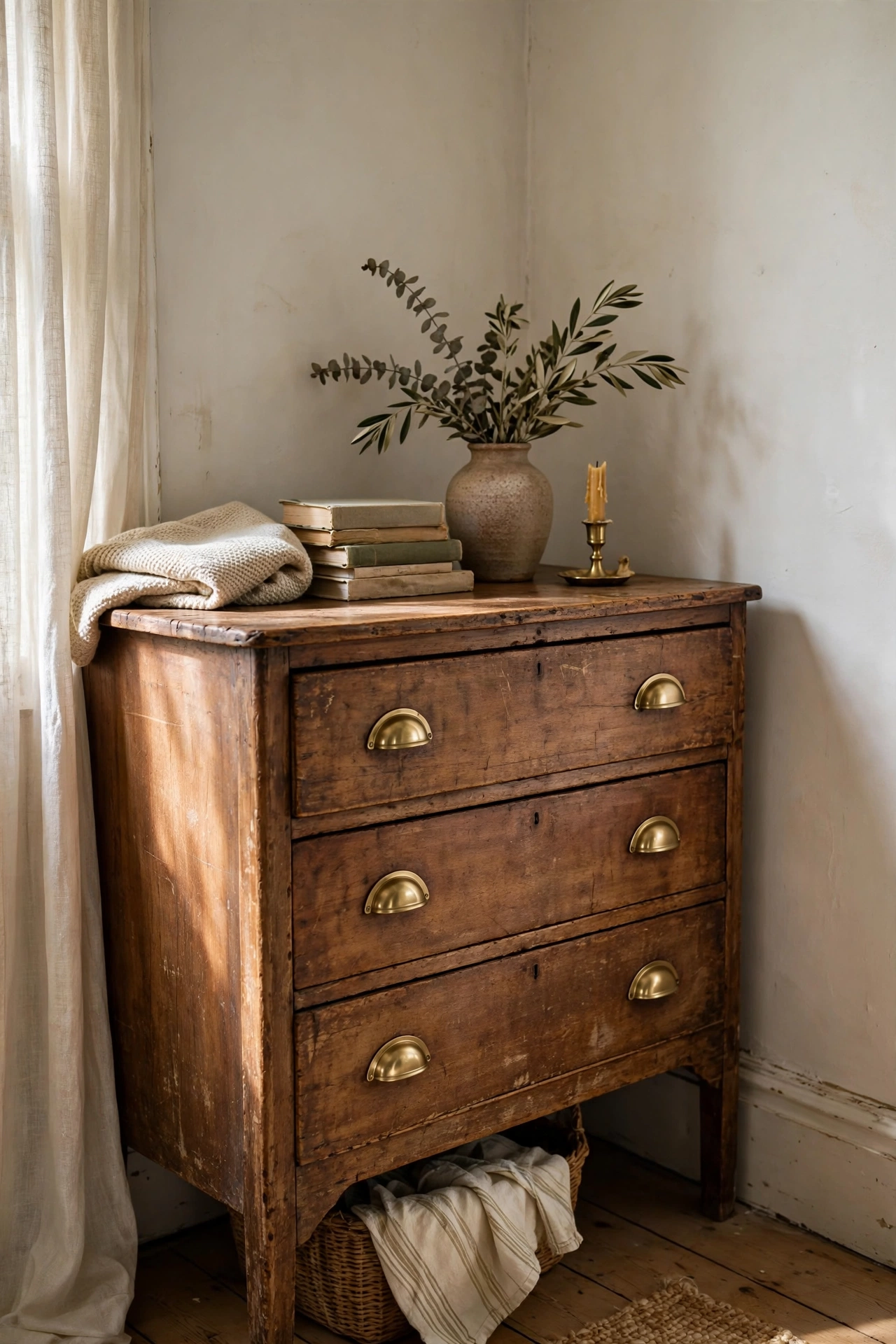 Thrifted dresser with new brass cup drawer pulls