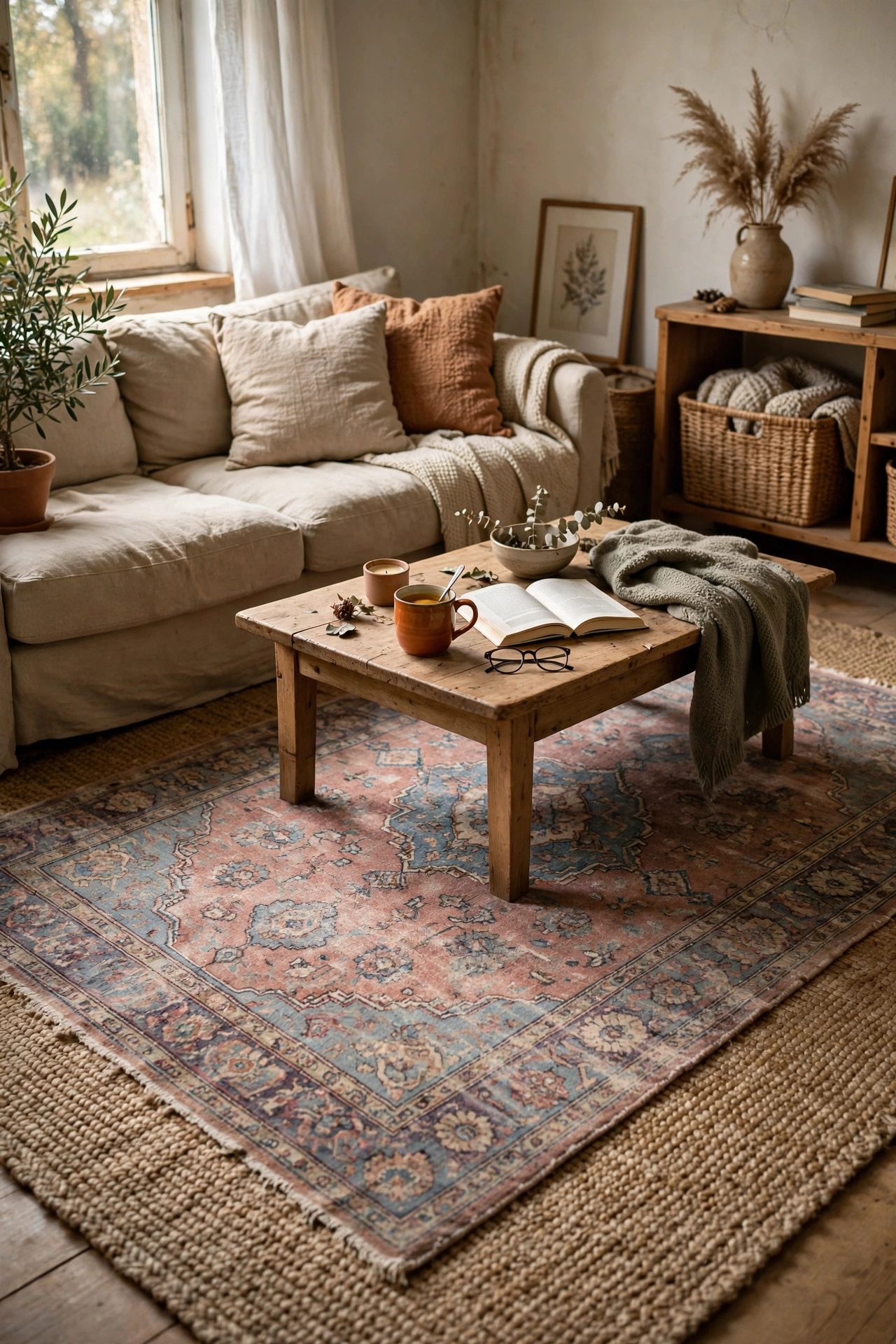 Faded patterned rug layered at an angle over a jute rug