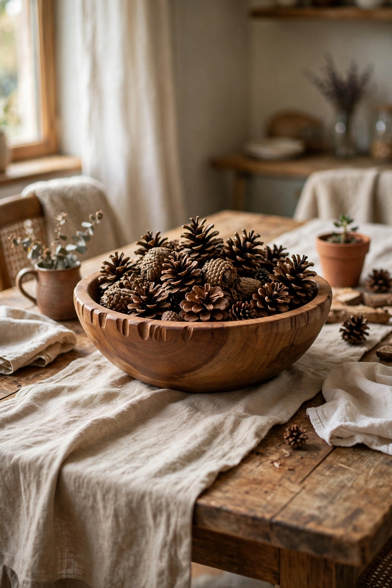 Large wooden bowl filled with pinecones as a table centrepiece