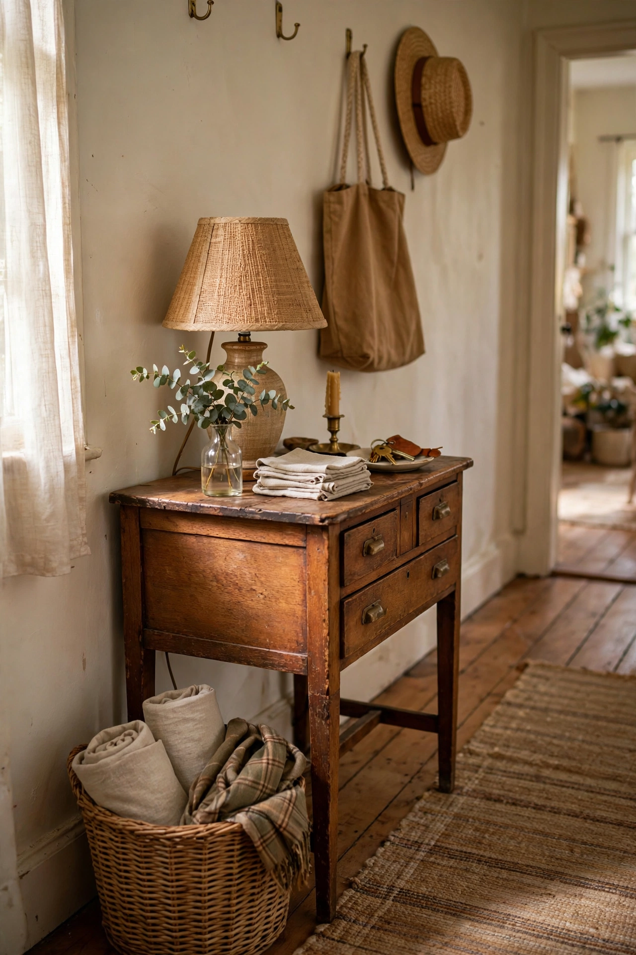 Small thrifted writing desk styled as an entryway console