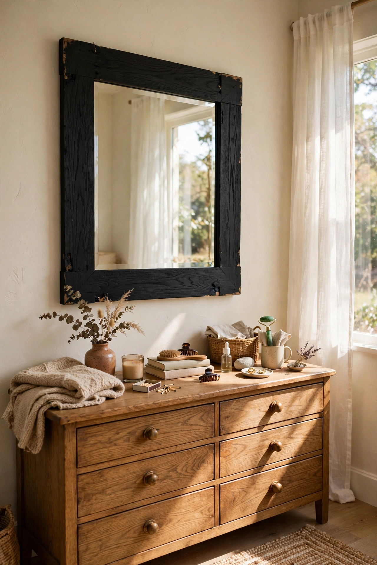 Dated oak-framed mirror painted matte black