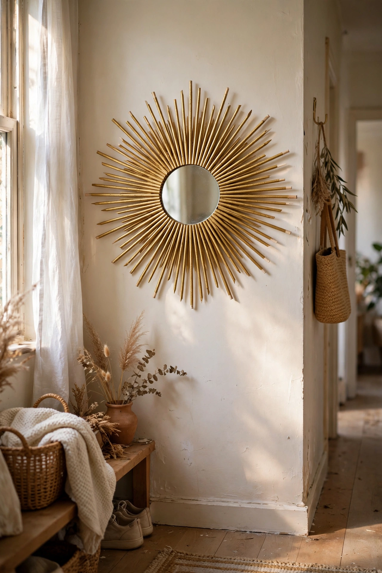 Sunburst mirror made from gold-sprayed wooden skewers