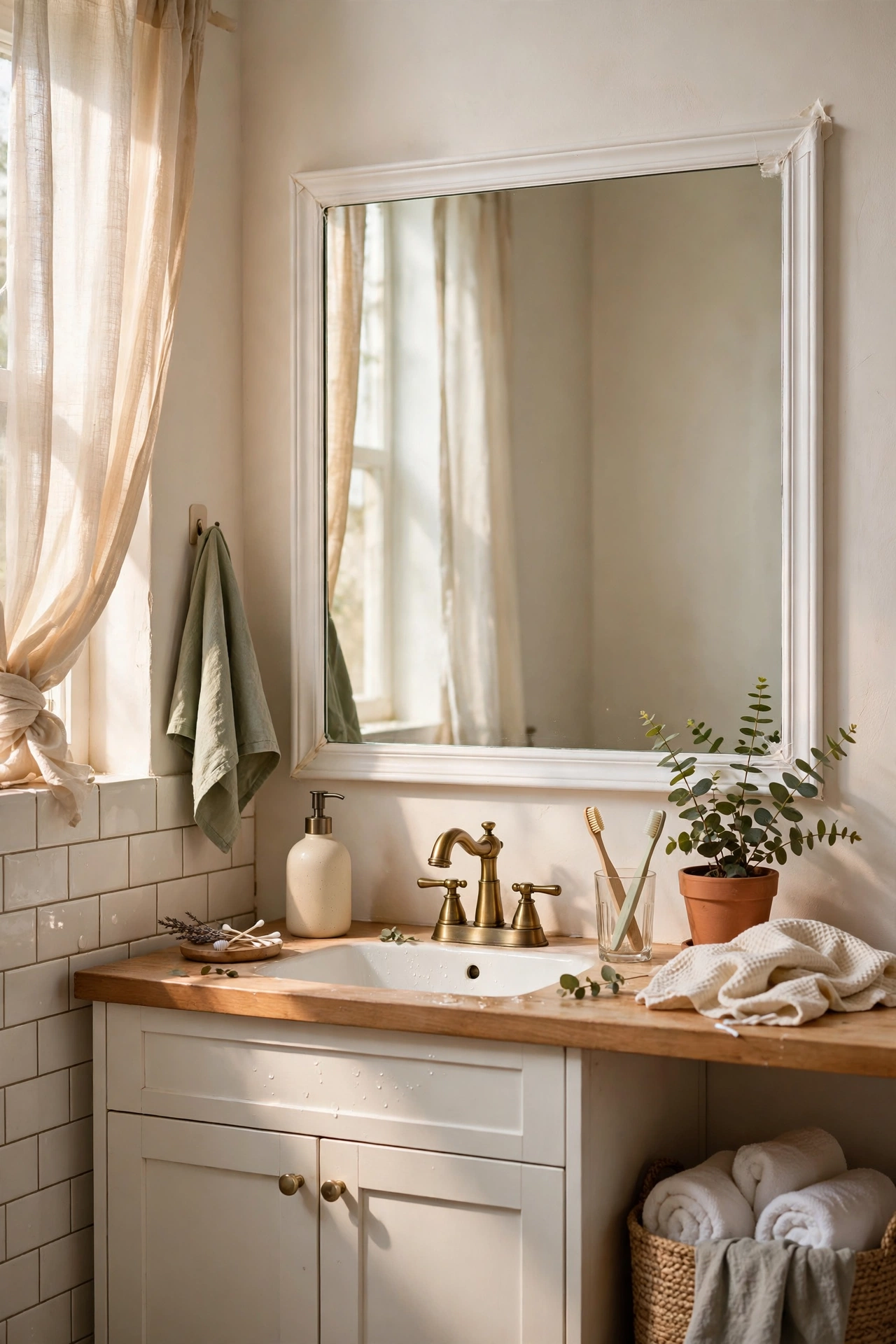 Bathroom mirror framed with white peel-and-stick trim