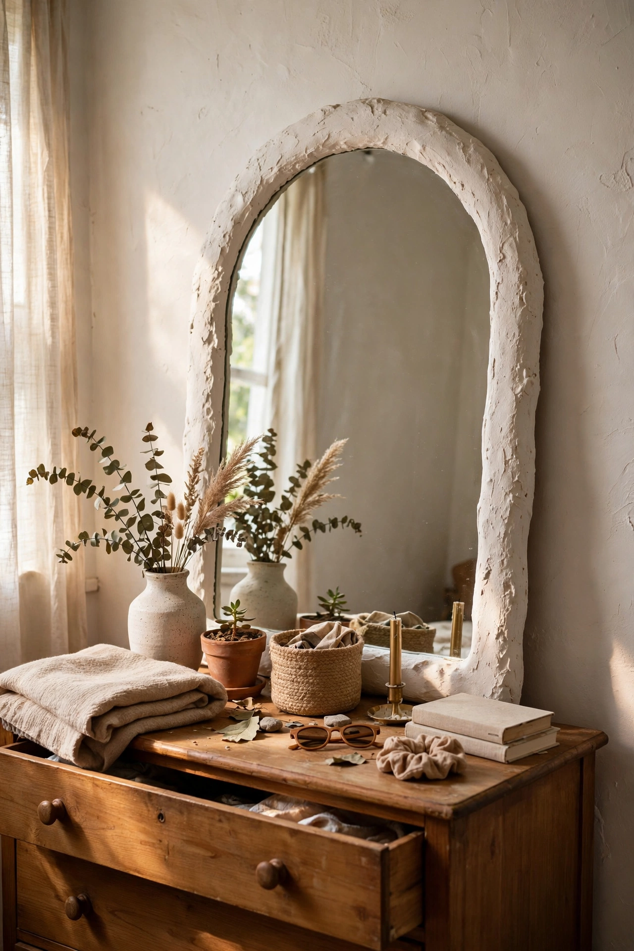 Arch mirror with handmade plaster-coated frame