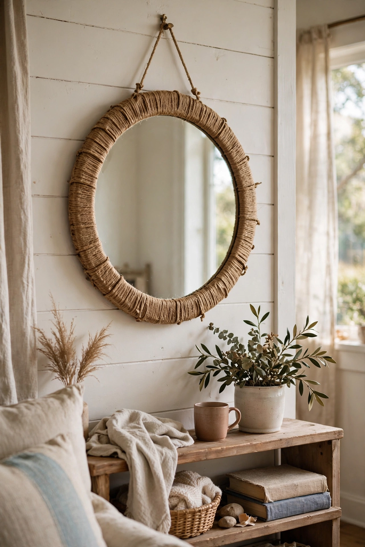 Round mirror with edge wrapped in natural jute twine