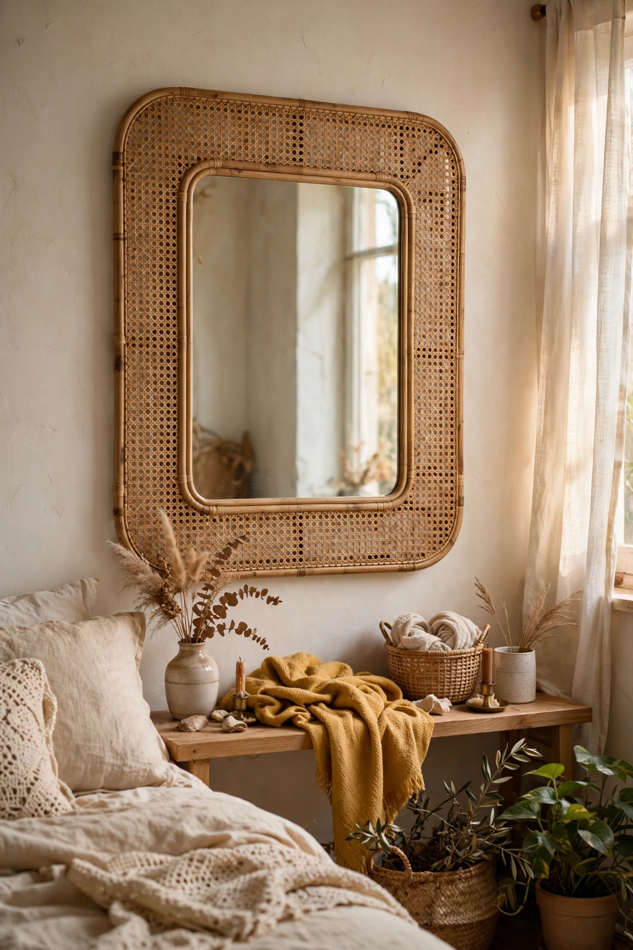 Mirror framed with natural rattan cane webbing