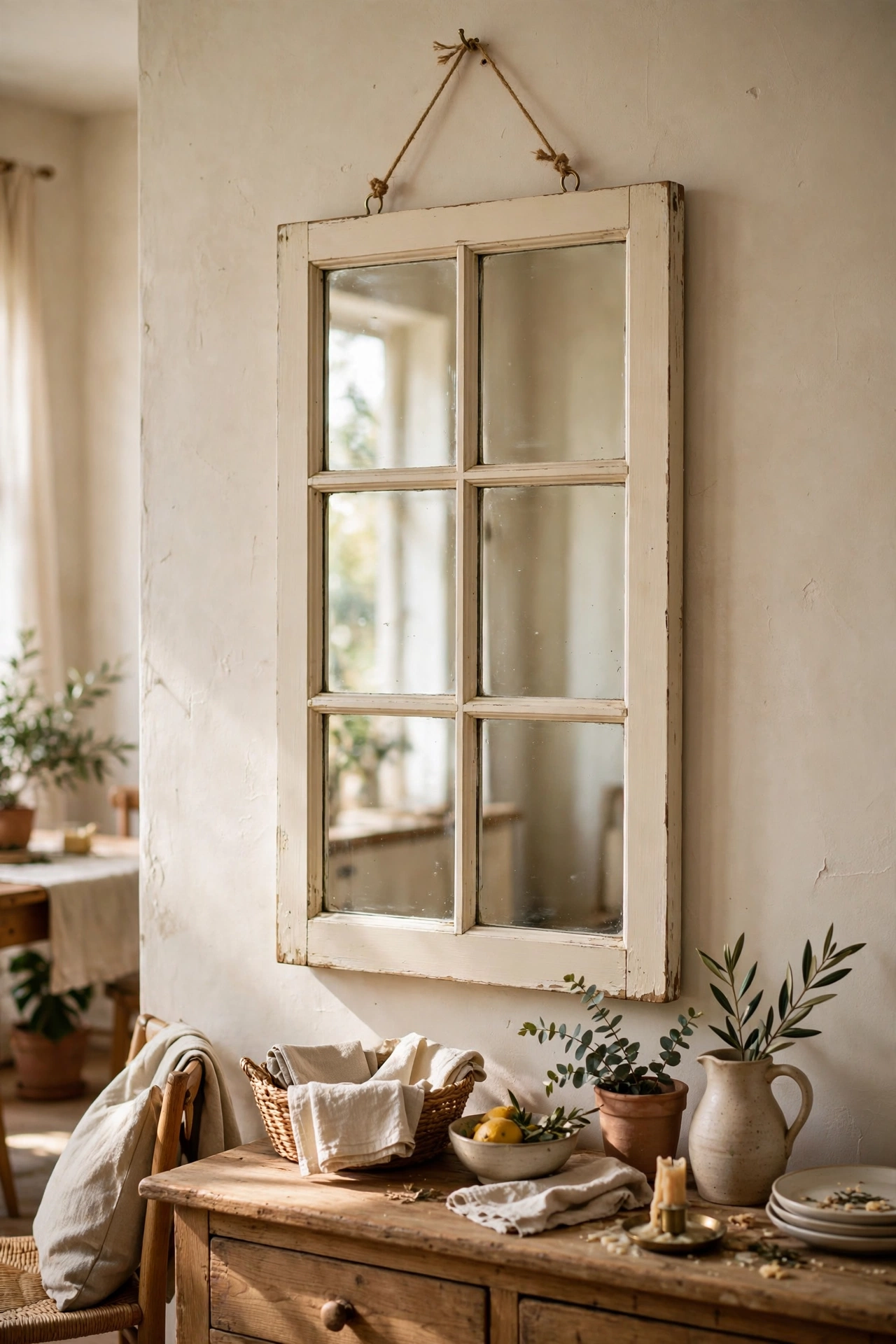 Salvaged six-pane window sash with mirror fitted behind