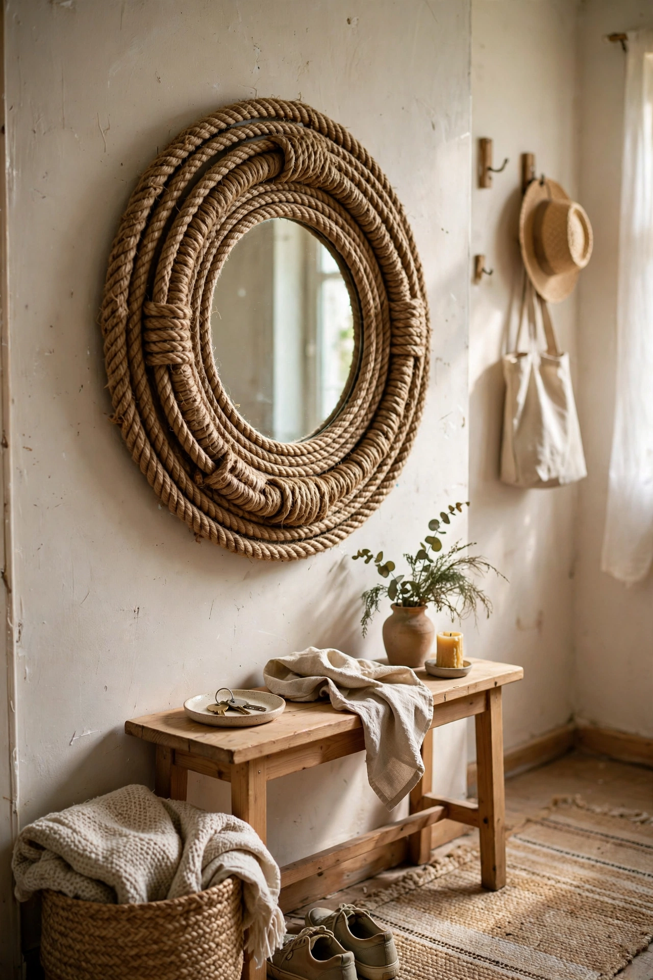Round mirror framed with chunky nautical rope rings