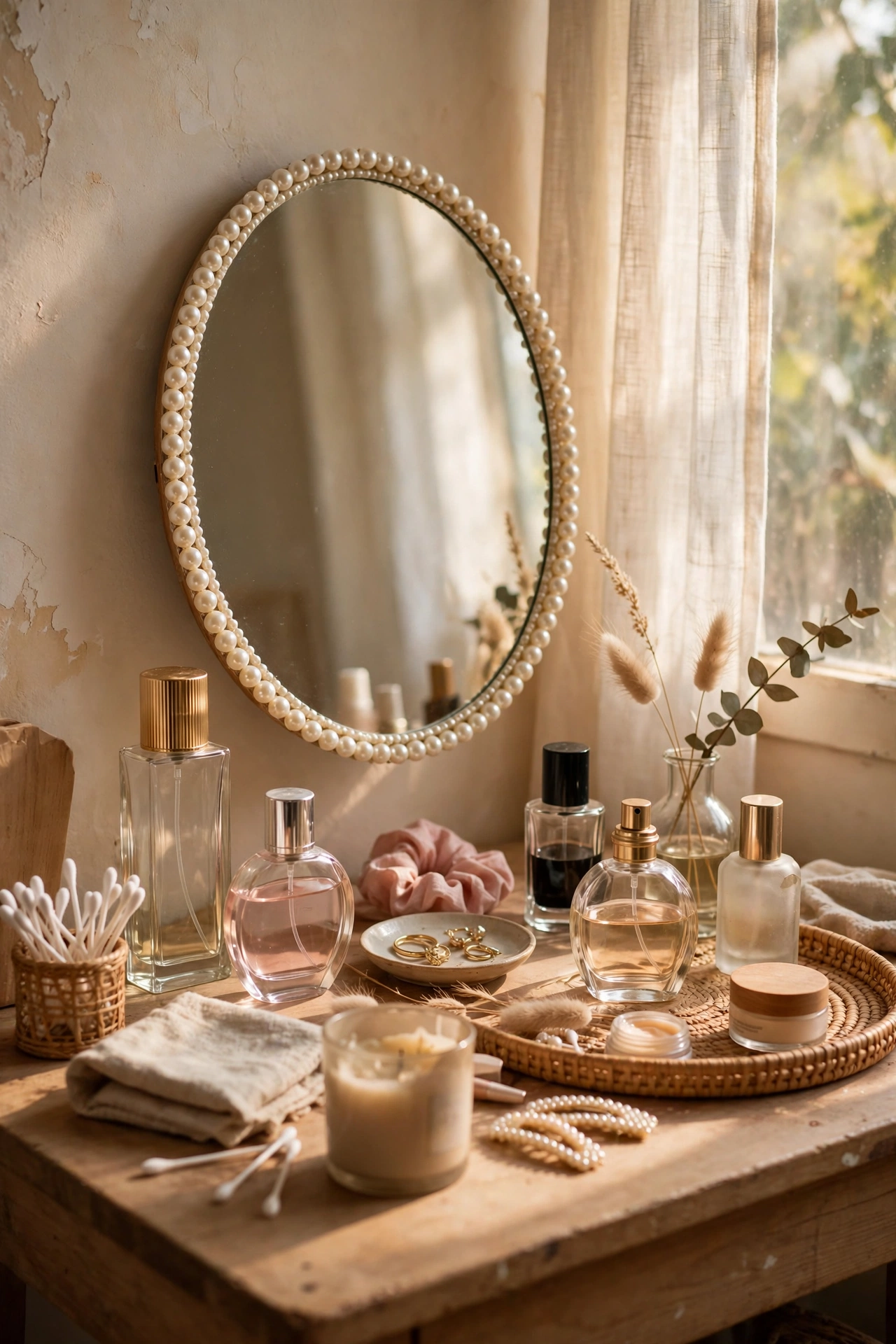 Oval vanity mirror edged with faux pearl beads