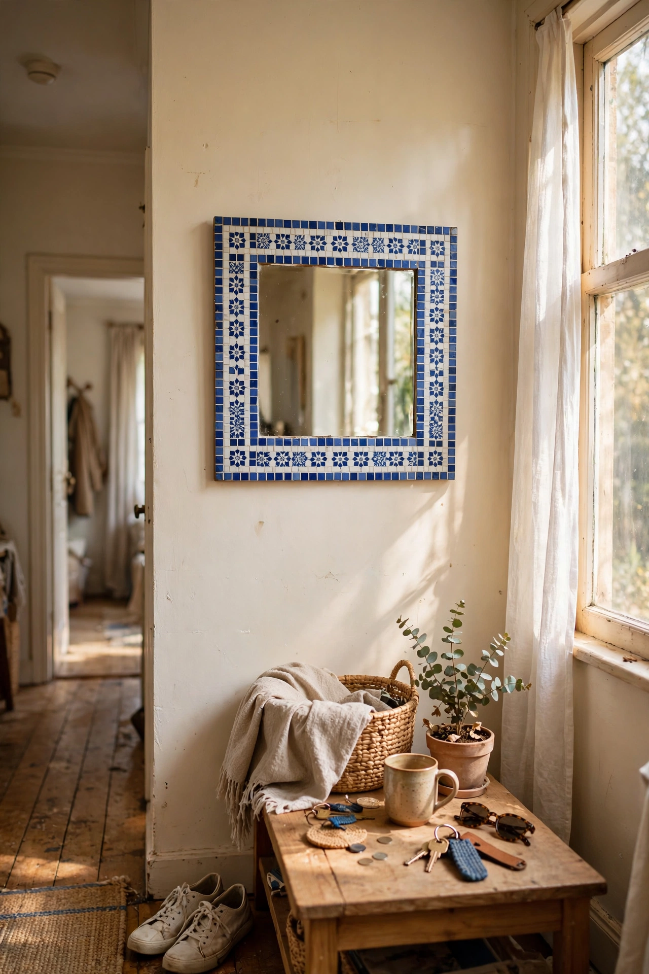 Square mirror with Mediterranean mosaic tile border