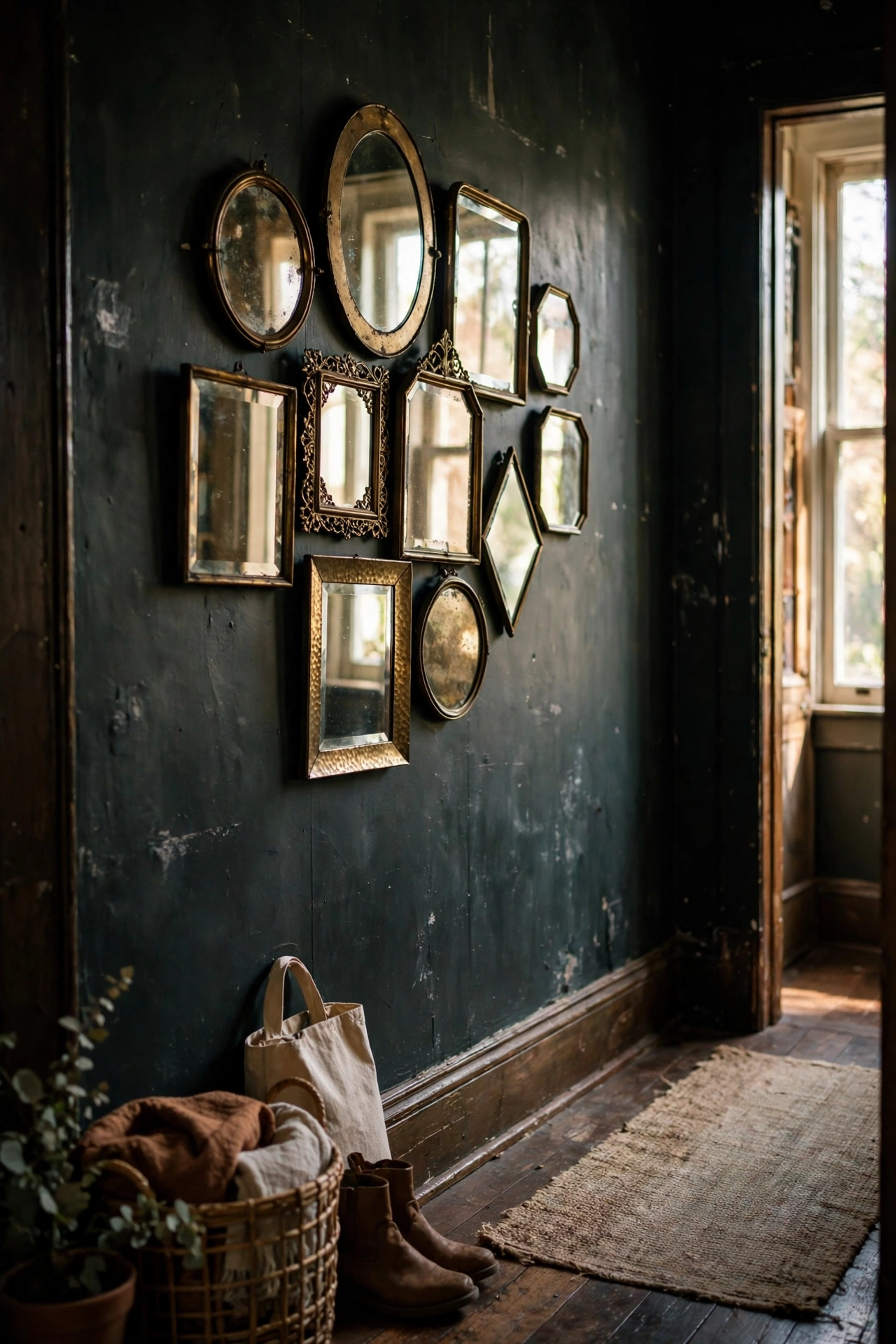 Gallery wall of small mismatched mirrors in brass frames