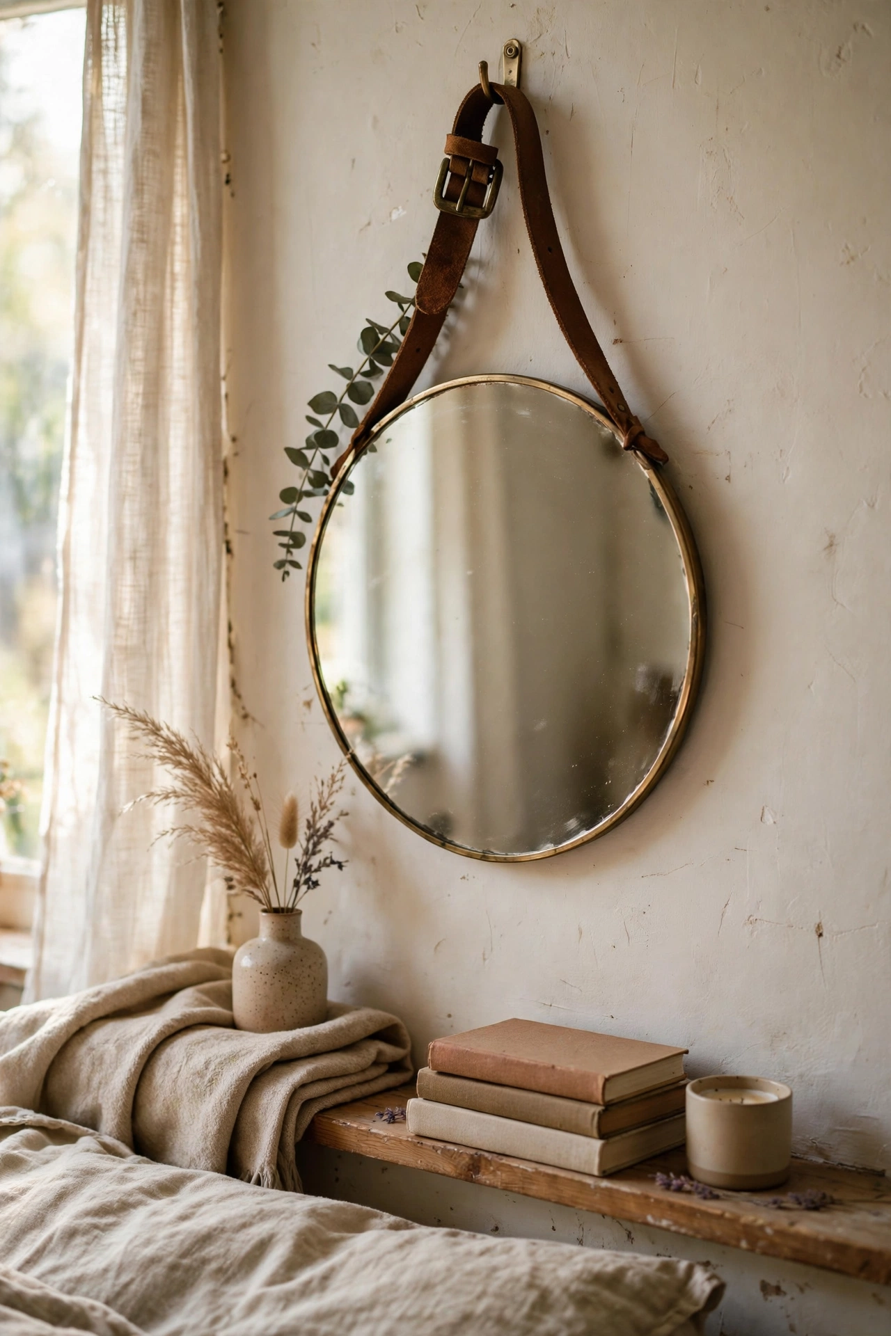 Round mirror hanging from a looped leather belt strap