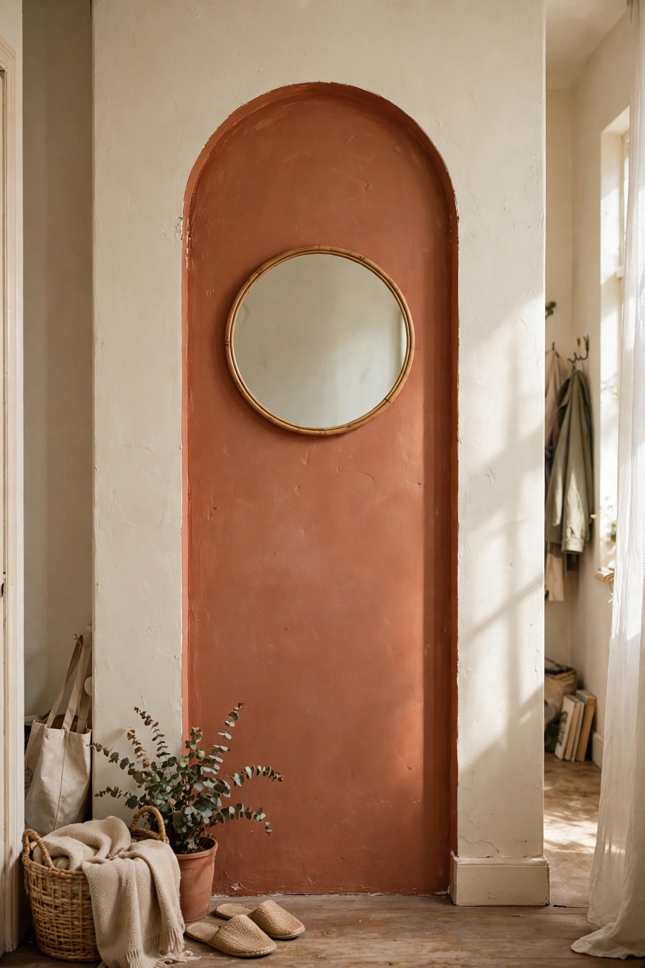 Terracotta painted arch on wall behind a round mirror