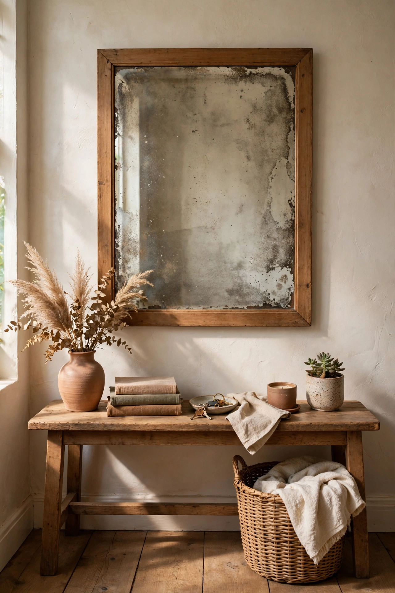 Rectangular mirror with aged foxed antique-effect finish