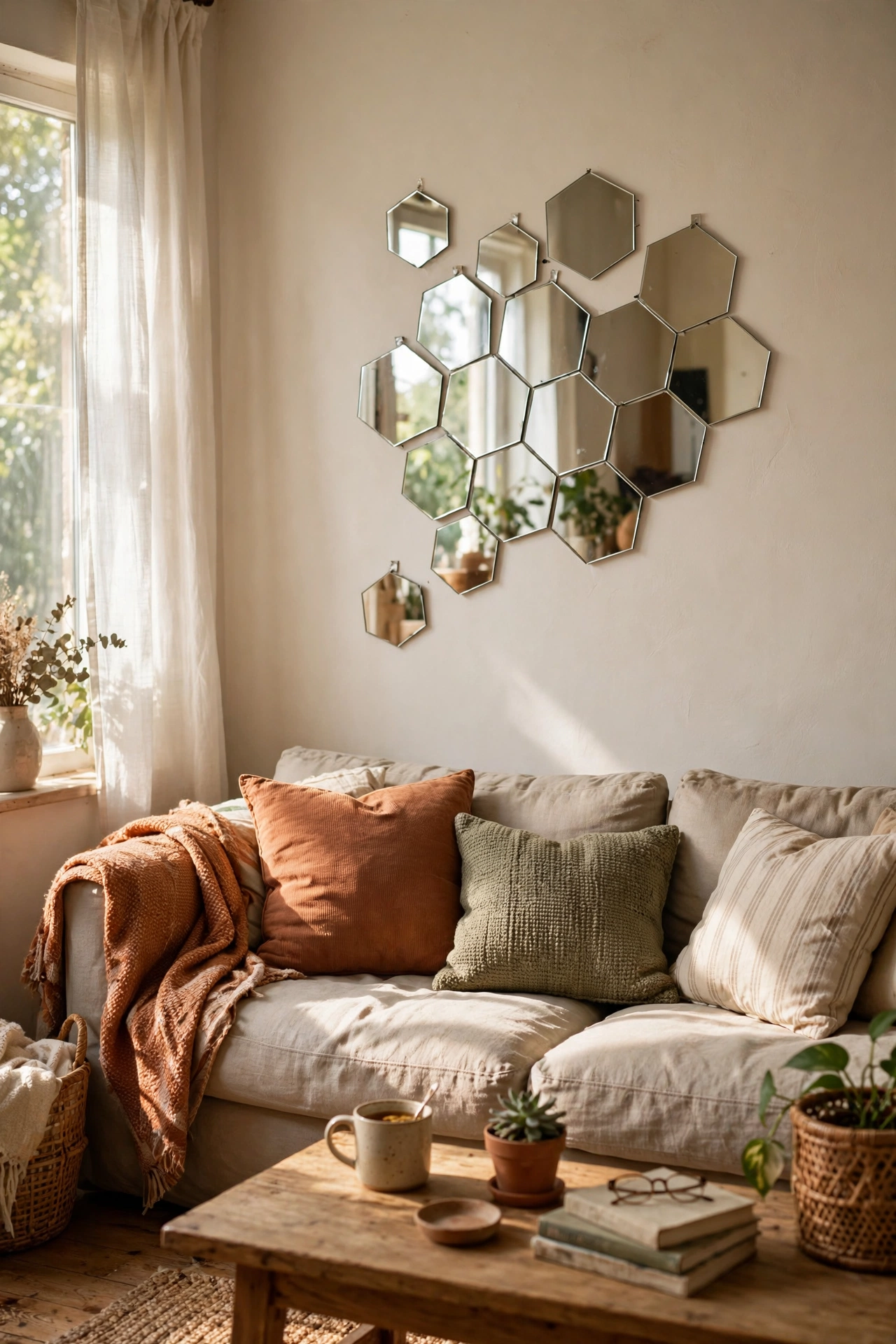 Honeycomb cluster of small hexagon mirrors on a wall
