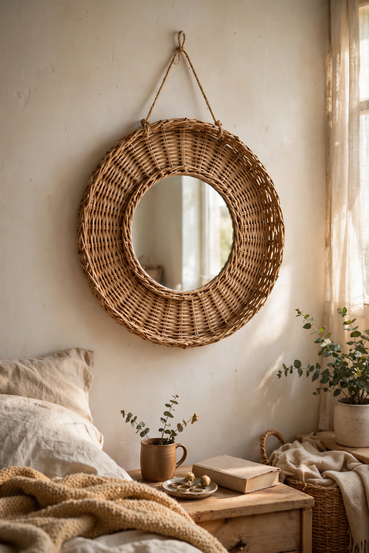 Round mirror set into a flat woven wicker tray frame