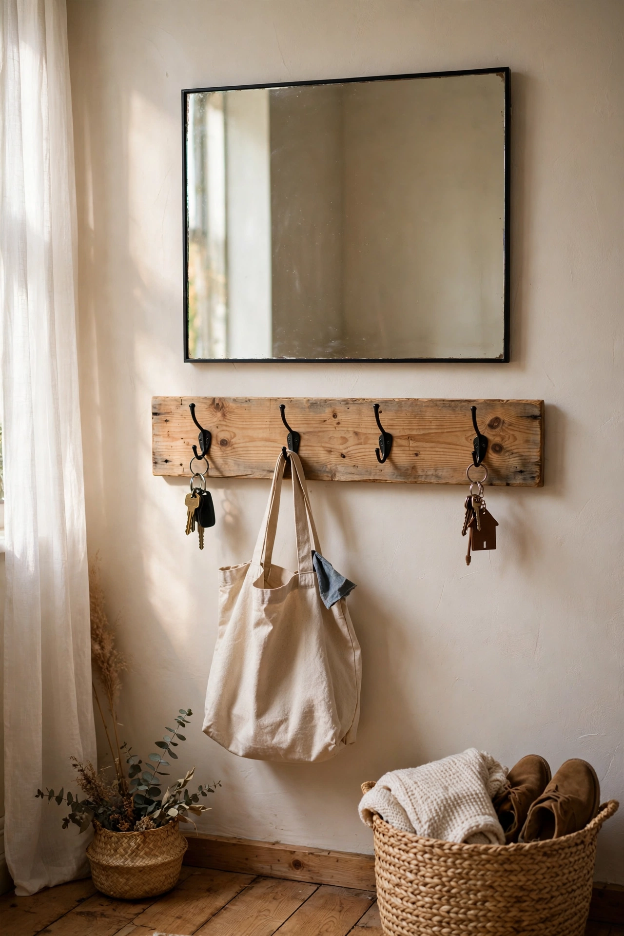 Entryway mirror mounted above a wooden hook rail